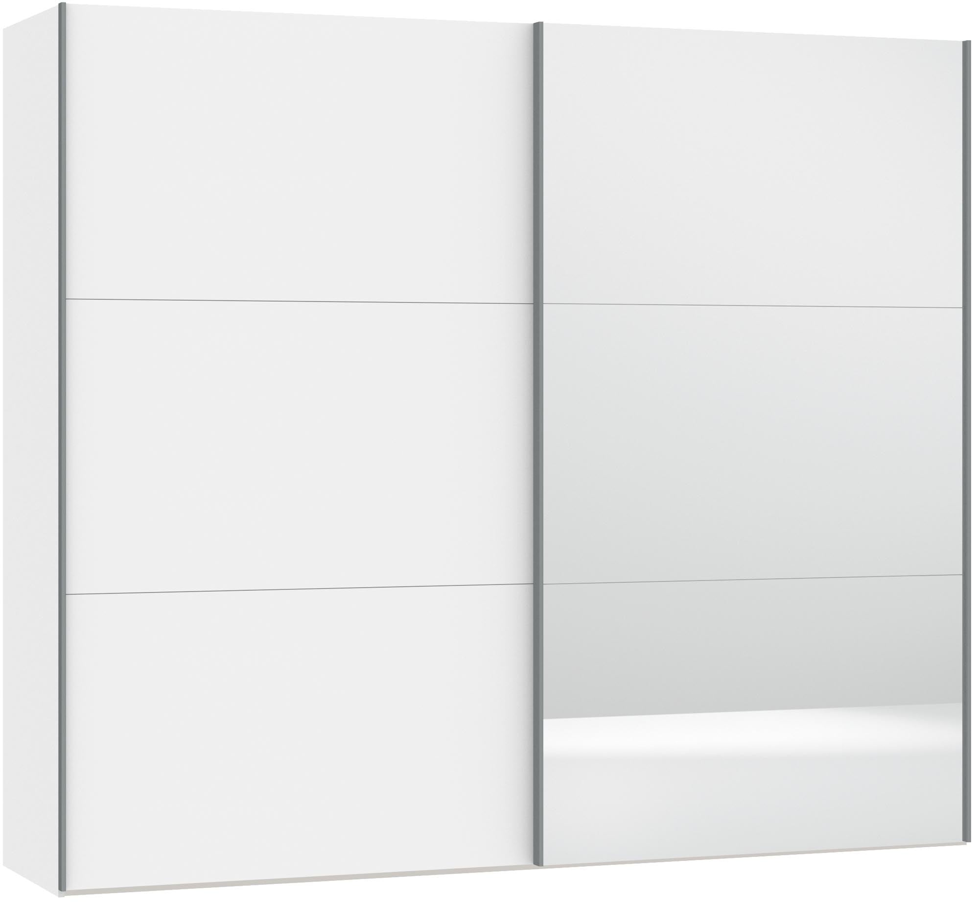 Stilvoller Schwebetürenschrank in Weiß mit Spiegel und Zubehör.
