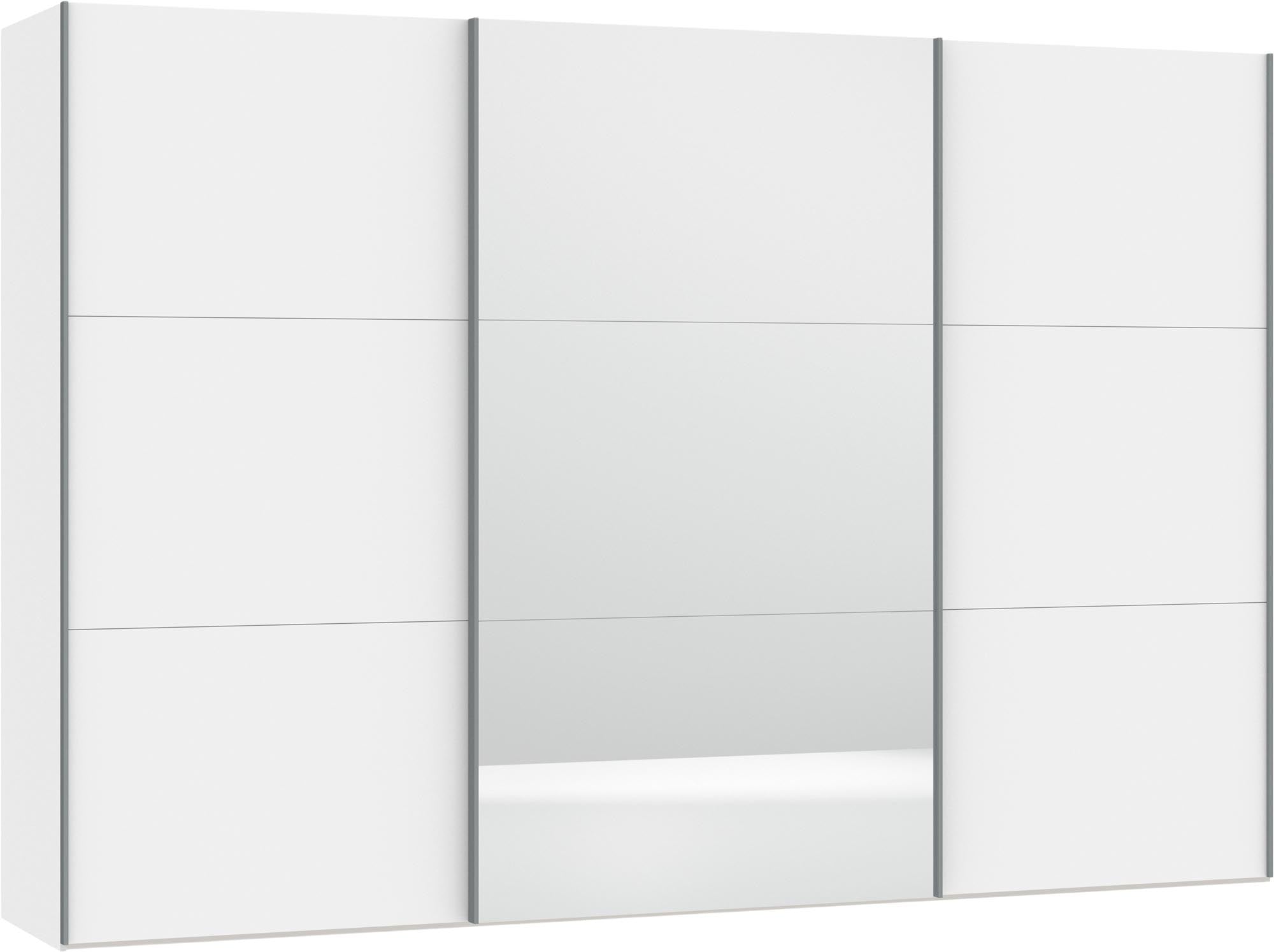 Grosser Jutzler Schwebetürenschrank in Weiss mit stilvollem Spiegel.