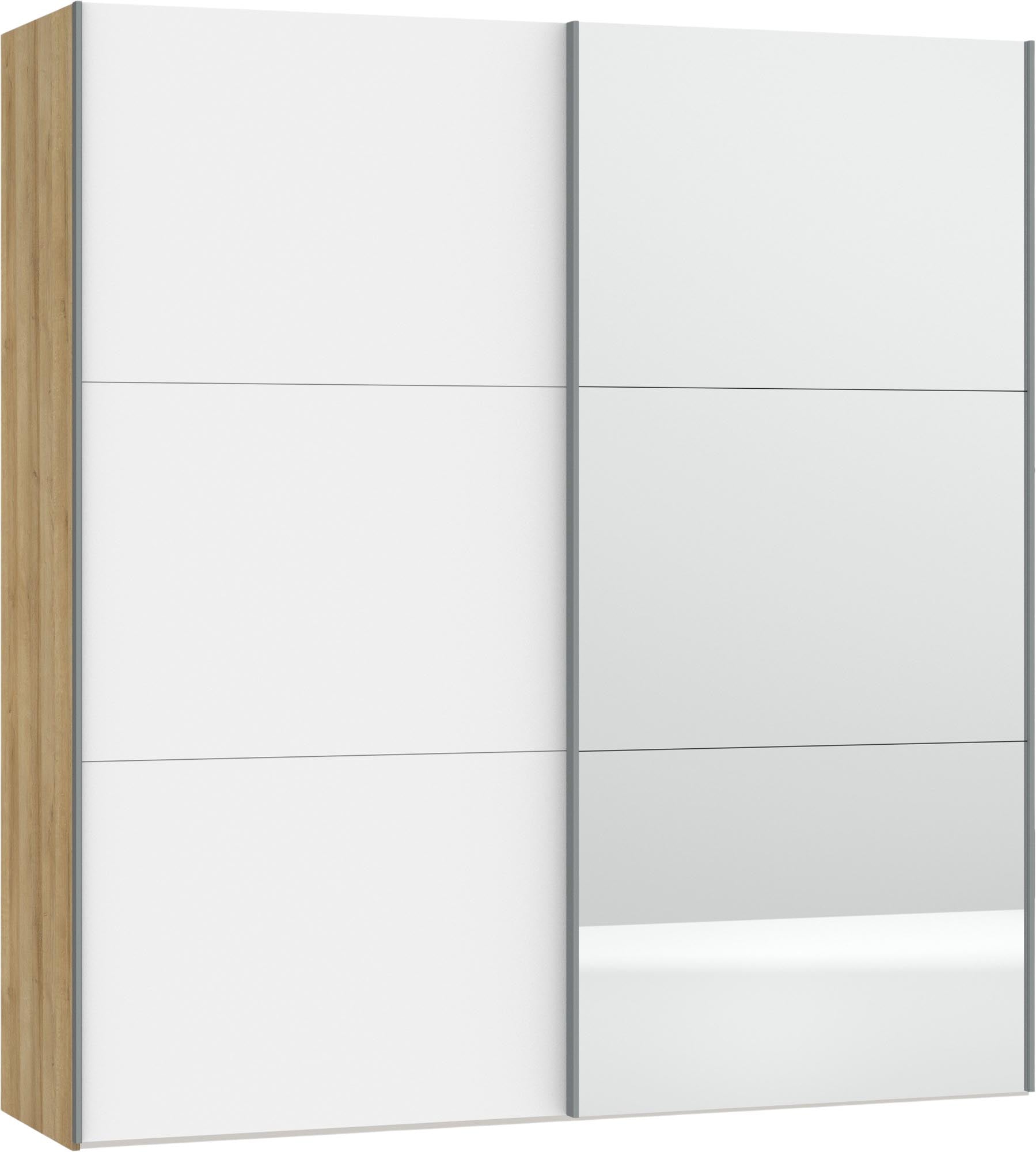 Jutzler Schwebetürenschrank XS: Premiumweiß, Spiegel, inkl. Zubehör.