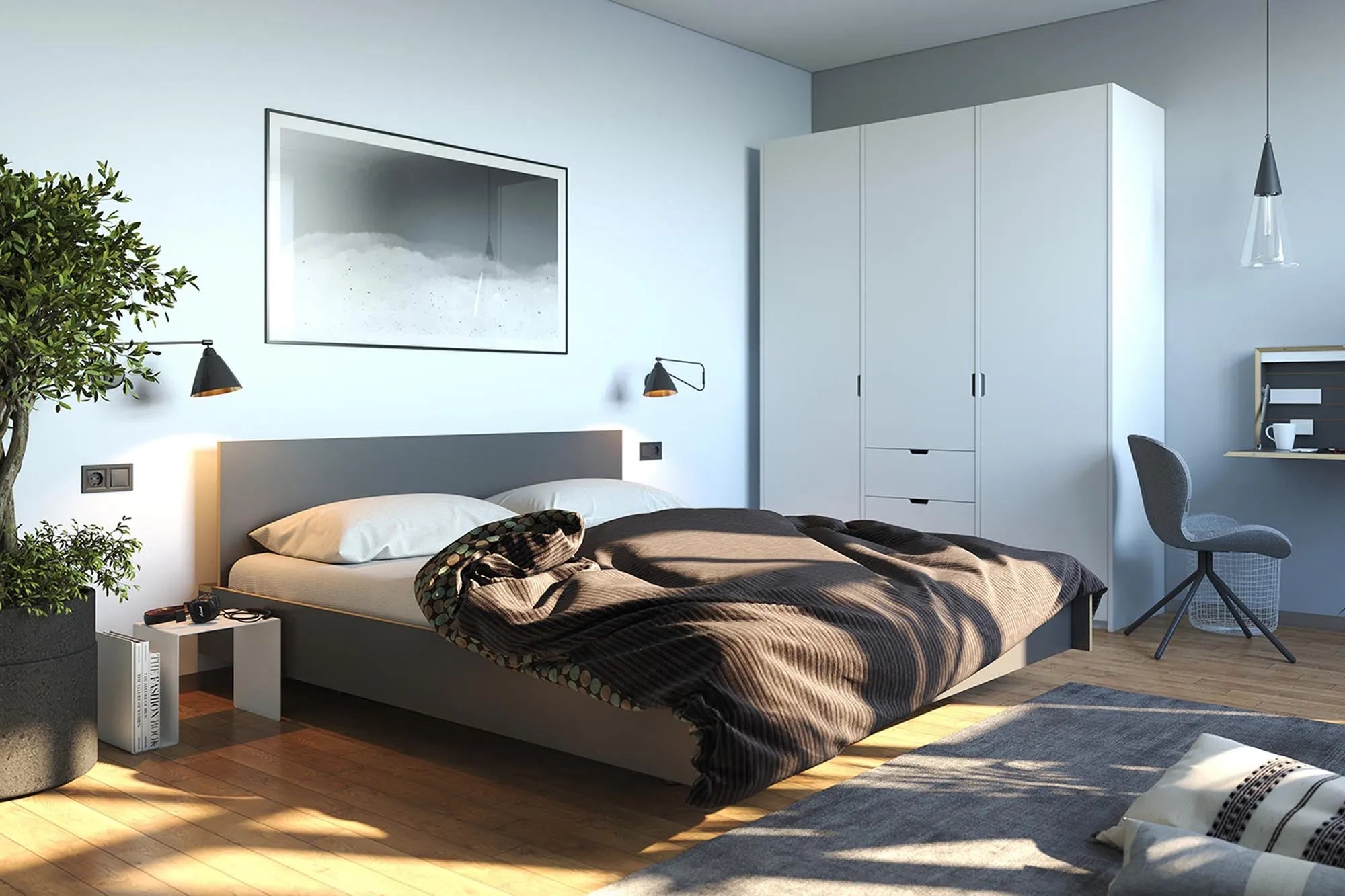 Elegantes FLAI Doppelbett: Innovatives Design mit verstecktem Stauraum.