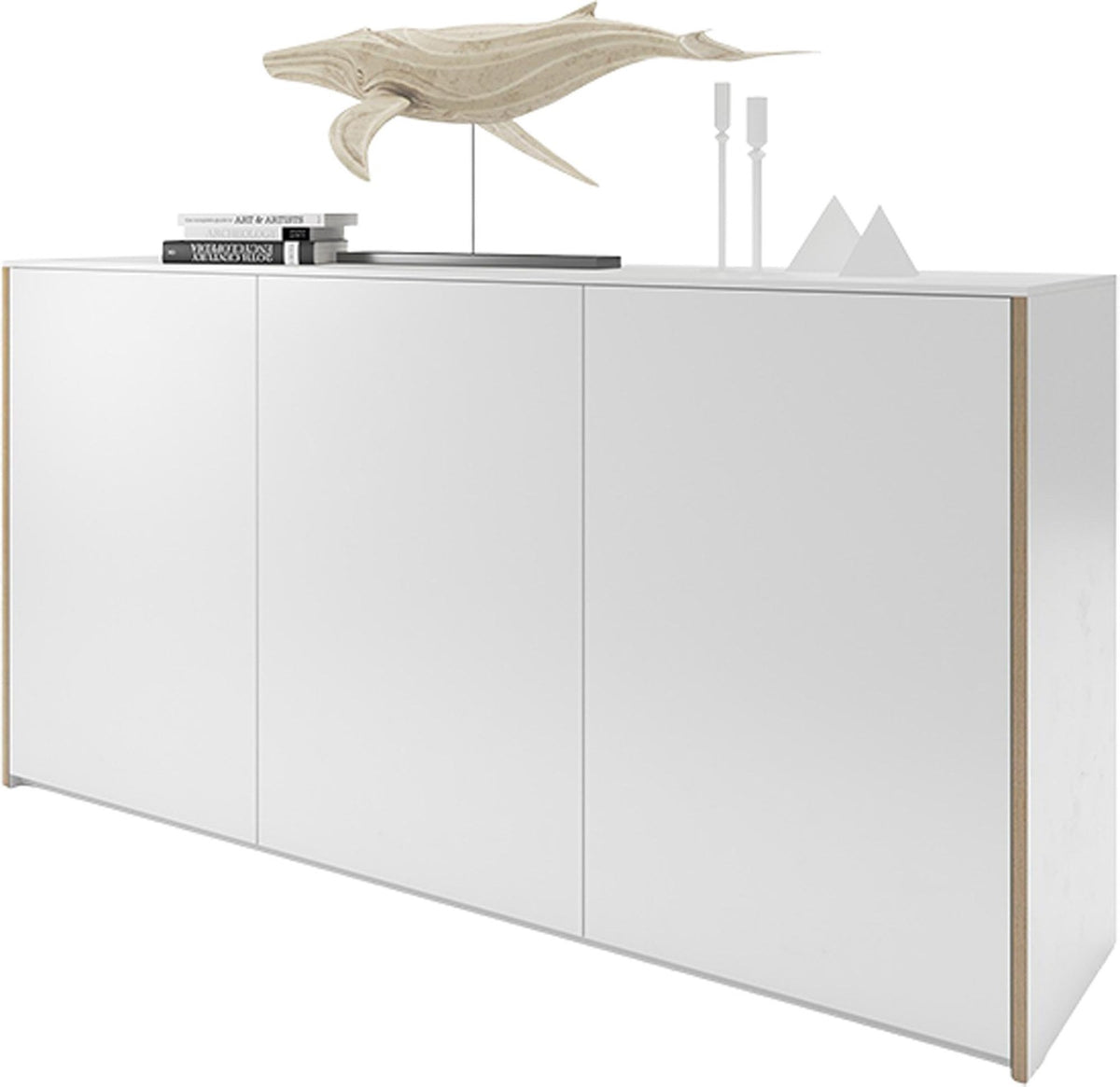 Weisses Sideboard 180 mit Holzkante, zwei rechten Türen und Melamin-Oberfläche, Design von Rolf Heide für Müller Möbelwerkstätten.