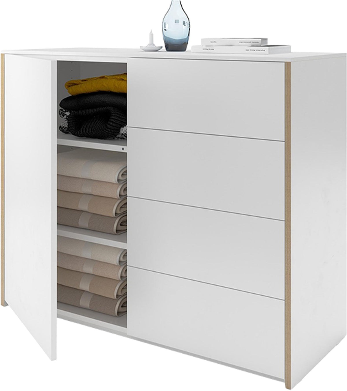 Weisses Sideboard mit Holzkante aus dem Modular Plus System von Müller Möbelwerkstätten, matt lackierte Oberfläche, rechteckige Form.