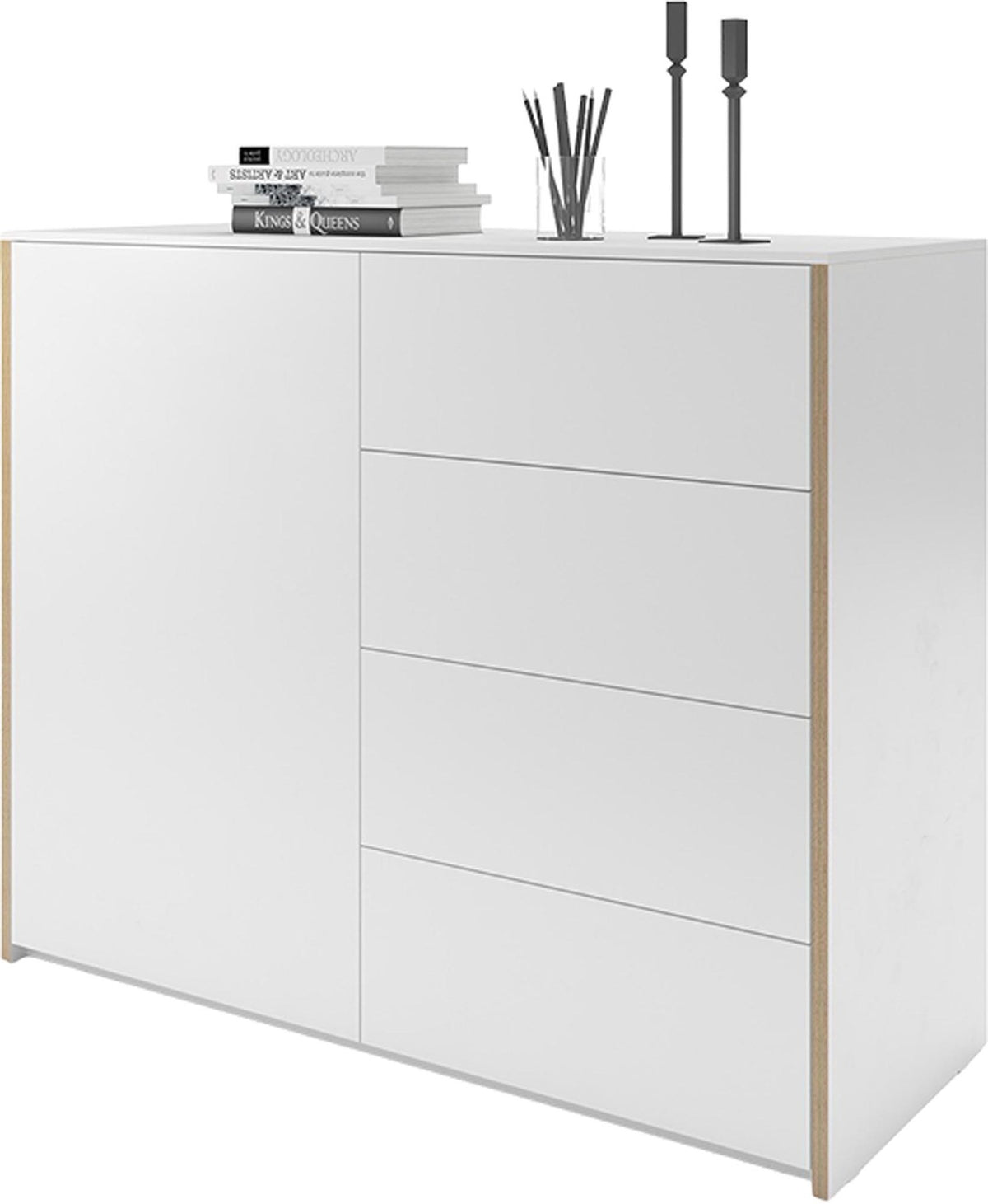 Weisses Sideboard mit Holzkante, matt lackiert, mehrtüriger Korpus auf schlanken Beinen, Modell Modular Plus 120 von Müller Möbelwerkstätten.