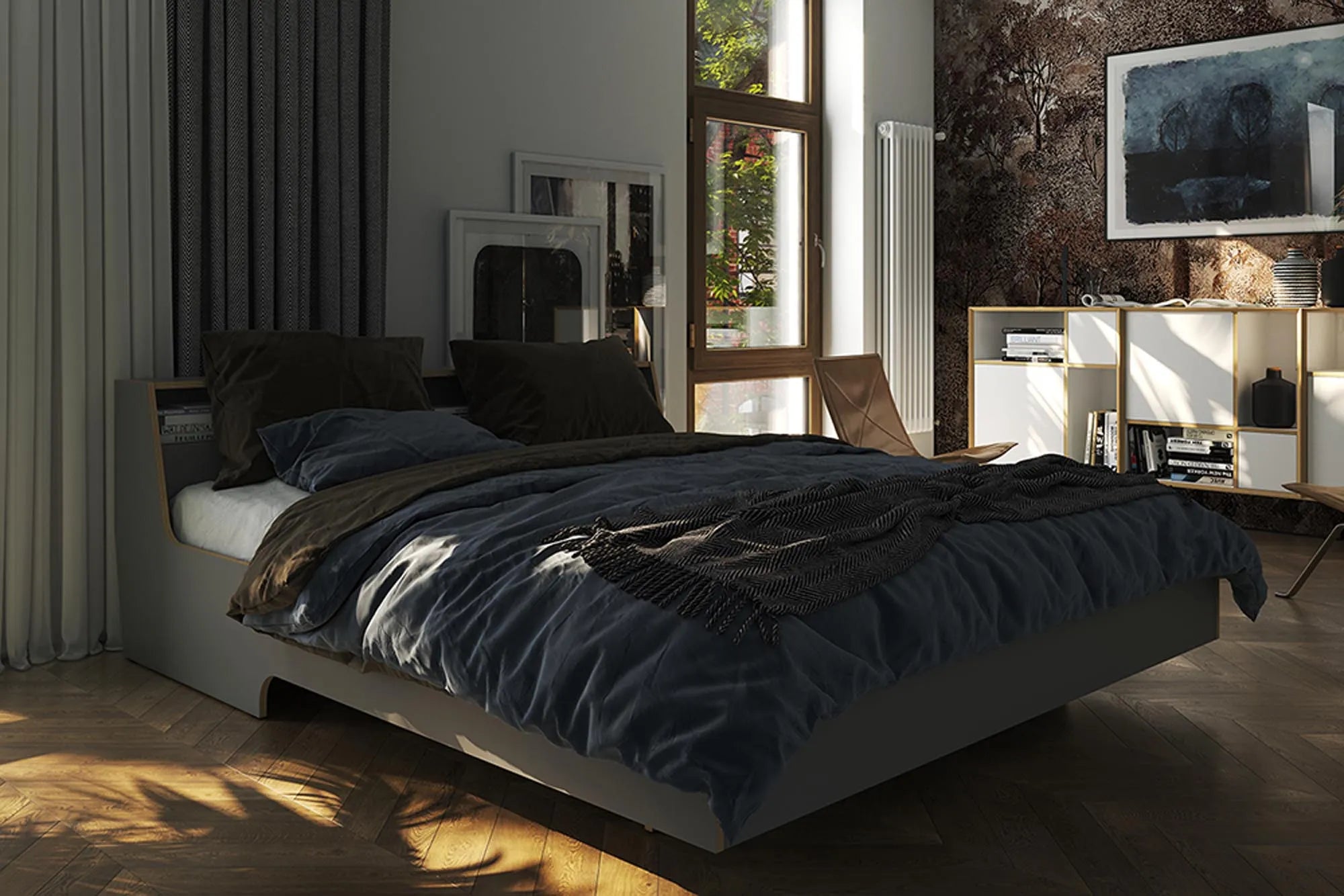 Elegantes Slope Bett: Minimalismus trifft auf Komfort und Stil.