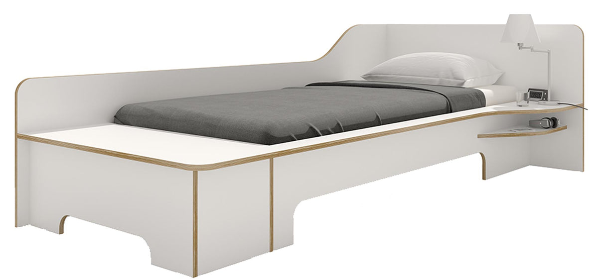 Plane Einzelbett rechts mit Bettkasten und Lattenrost Starr in Weiss präsentiert im Onlineshop von KAQTU Design AG. Bett ist von Müller Möbelwerkstätten