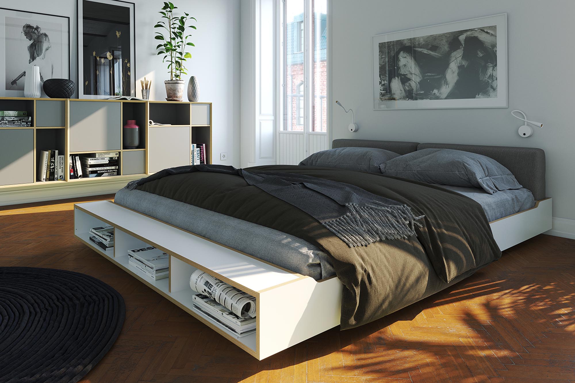 MAUDE bed with fixed slatted frame