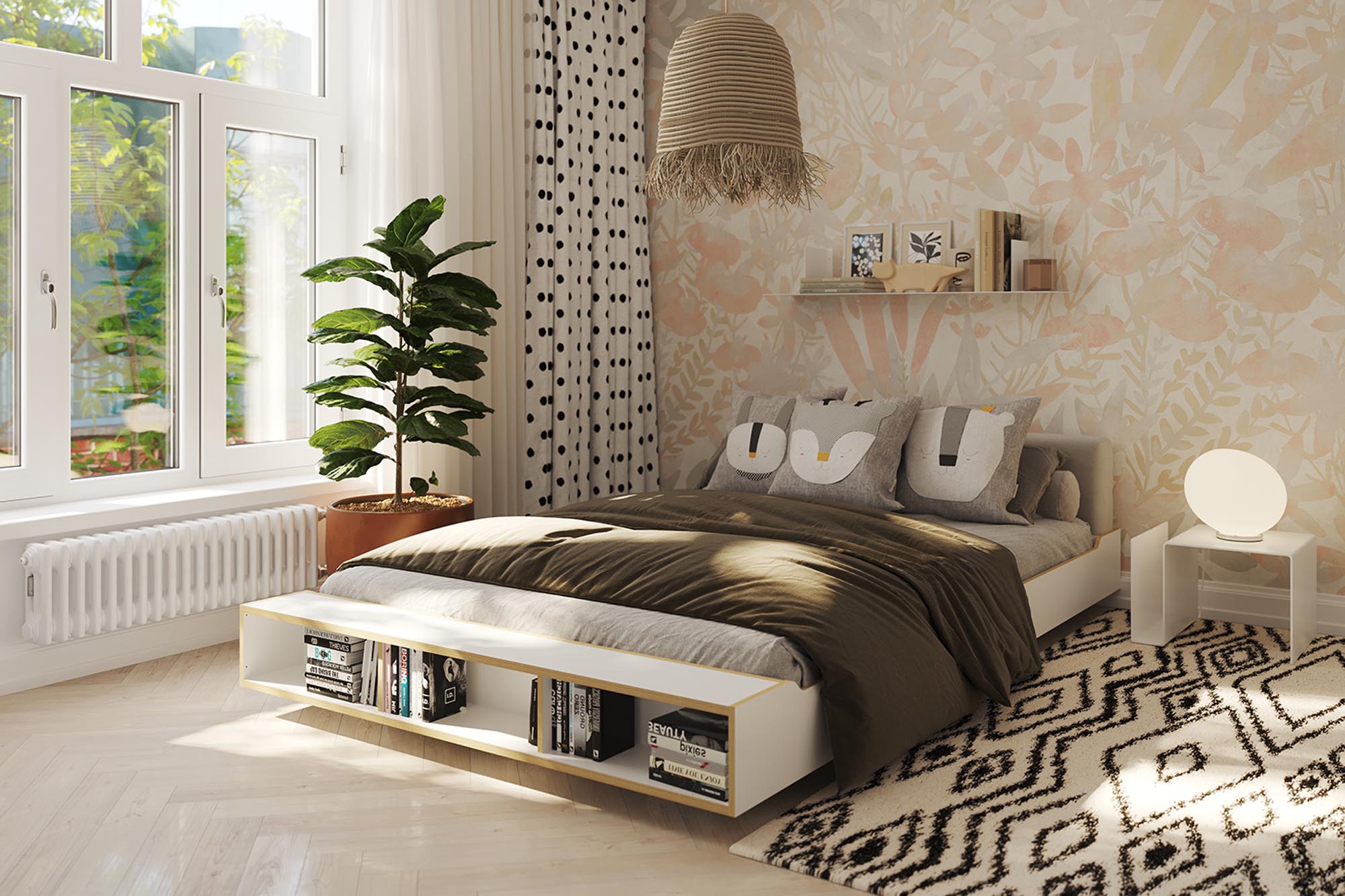 MAUDE bed with fixed slatted frame