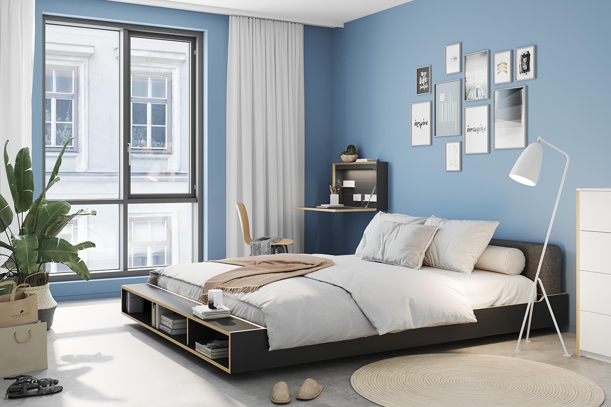MAUDE bed with fixed slatted frame