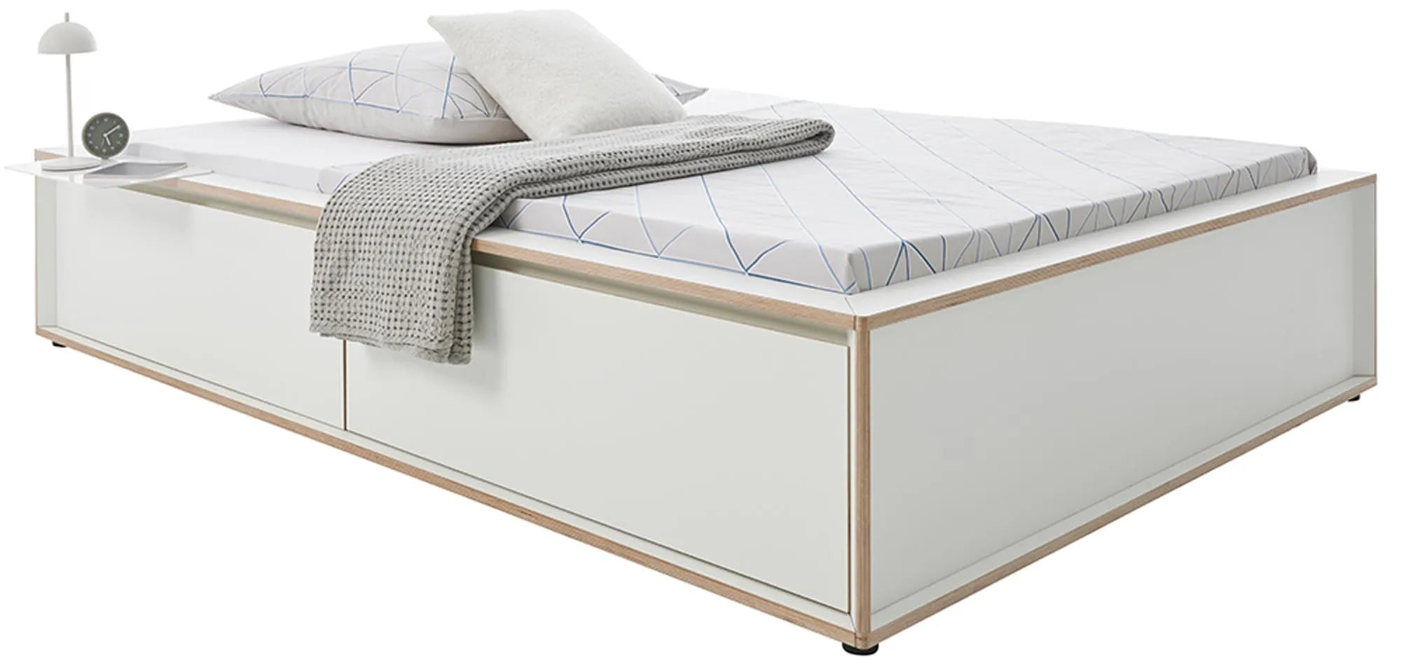 Modernes SPAZE Bett mit Stauraum, perfekt für kleine Schlafzimmer.