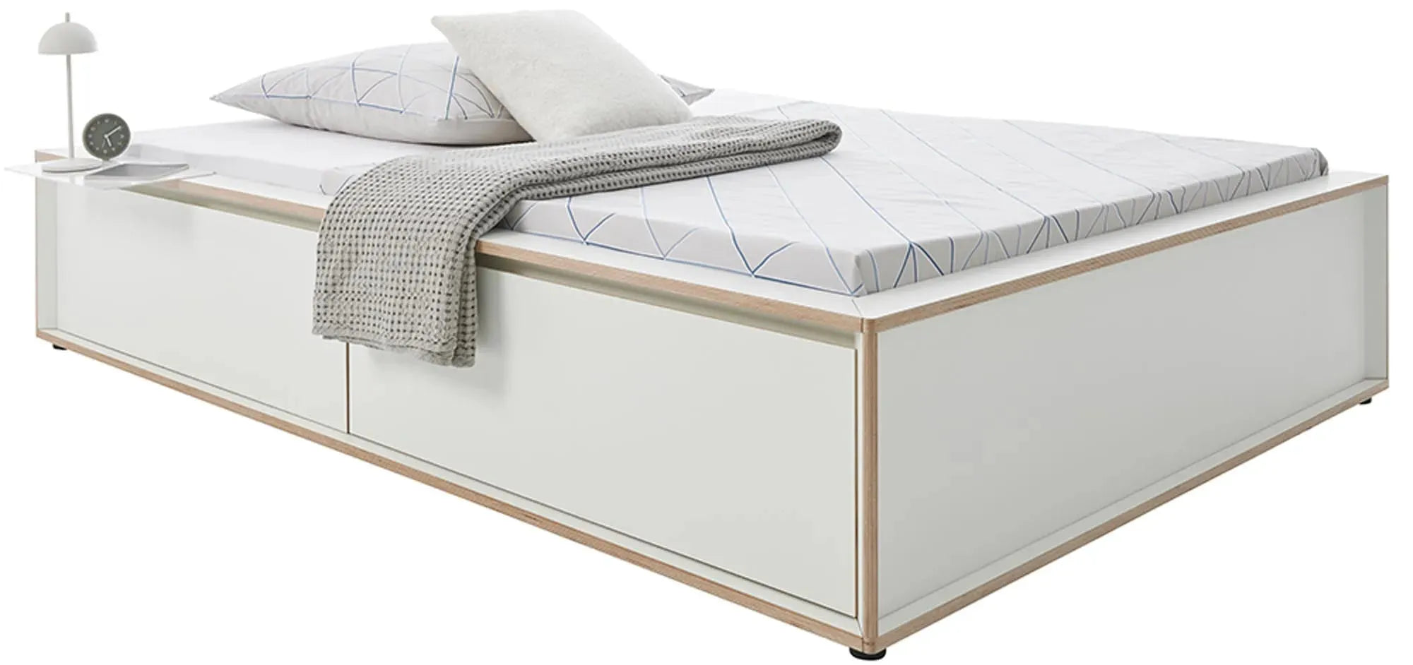 Minimalistisches SPAZE Bett mit Stauraum, ideal für moderne Räume.