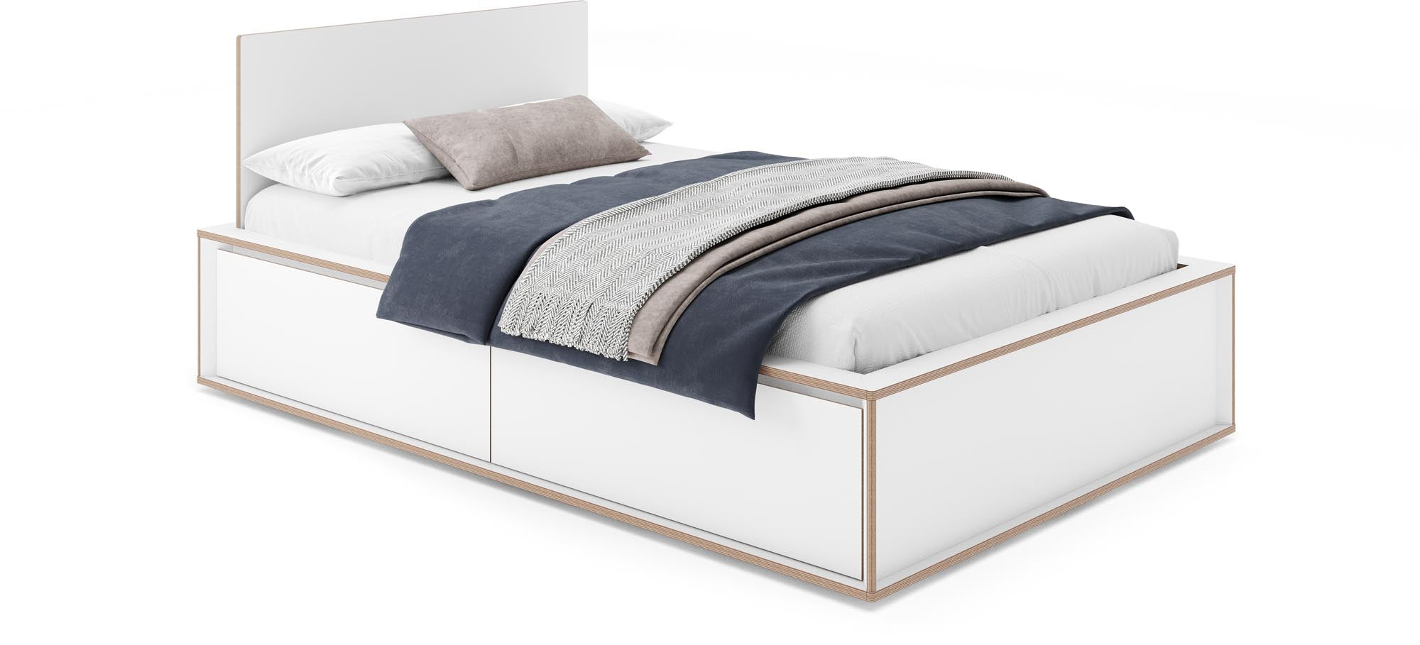 Entdecke das SPAZE Bett von Müller Möbelwerkstätten: Elegantes Kopfteil und zwei geräumige Schubkästen für mehr Ordnung im Schlafzimmer.