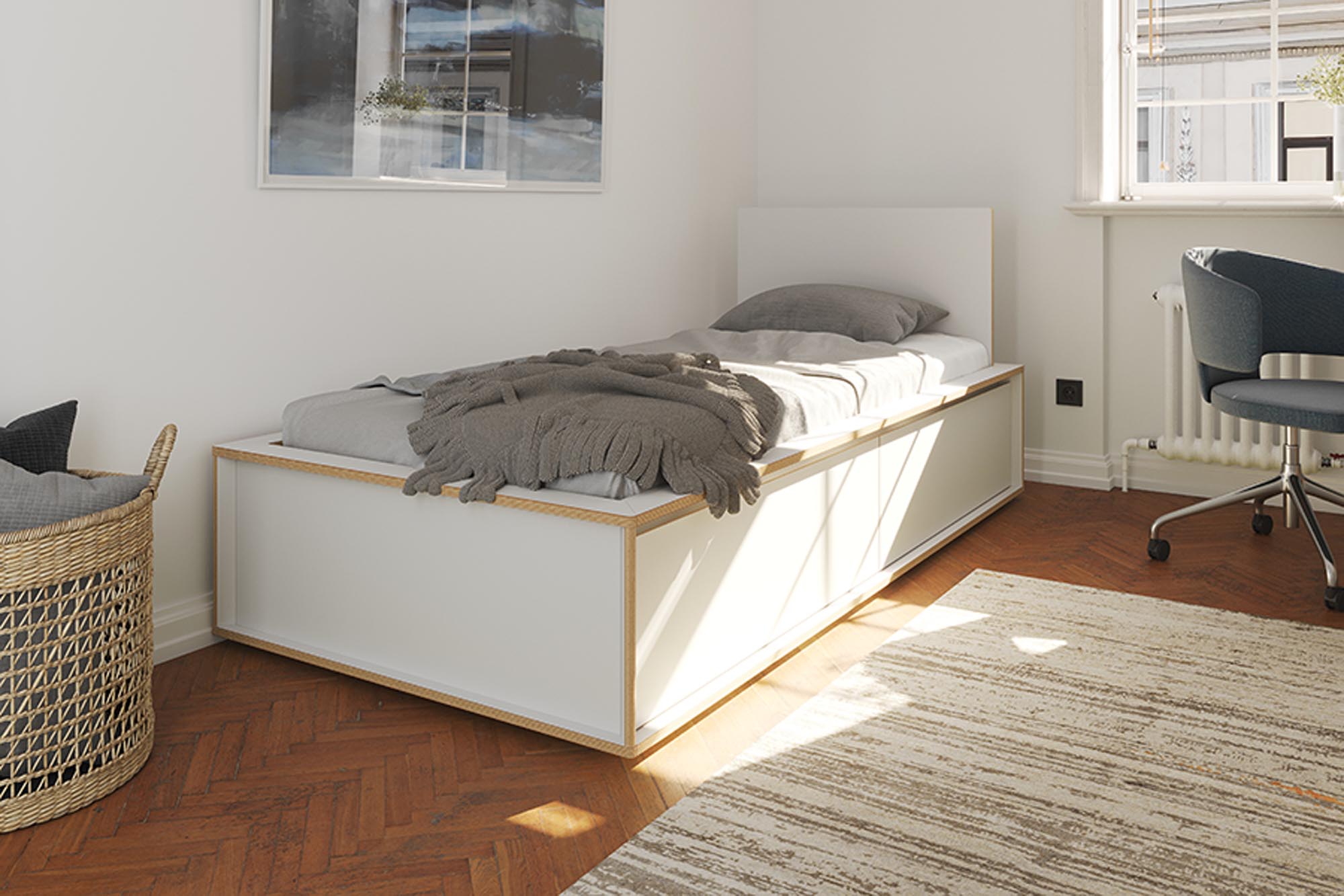 Entdecke das elegante SPAZE Bett mit praktischem Stauraum und stilvollem Kopfteil von Müller Möbelwerkstätten – Komfort trifft modernes Design.
