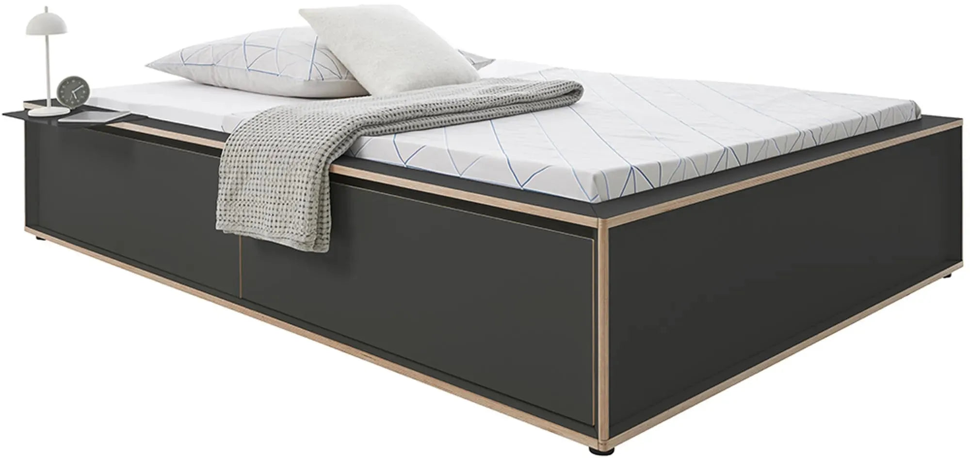 Modernes SPAZE Bett mit Schubkästen, perfekt für kleine Schlafzimmer.