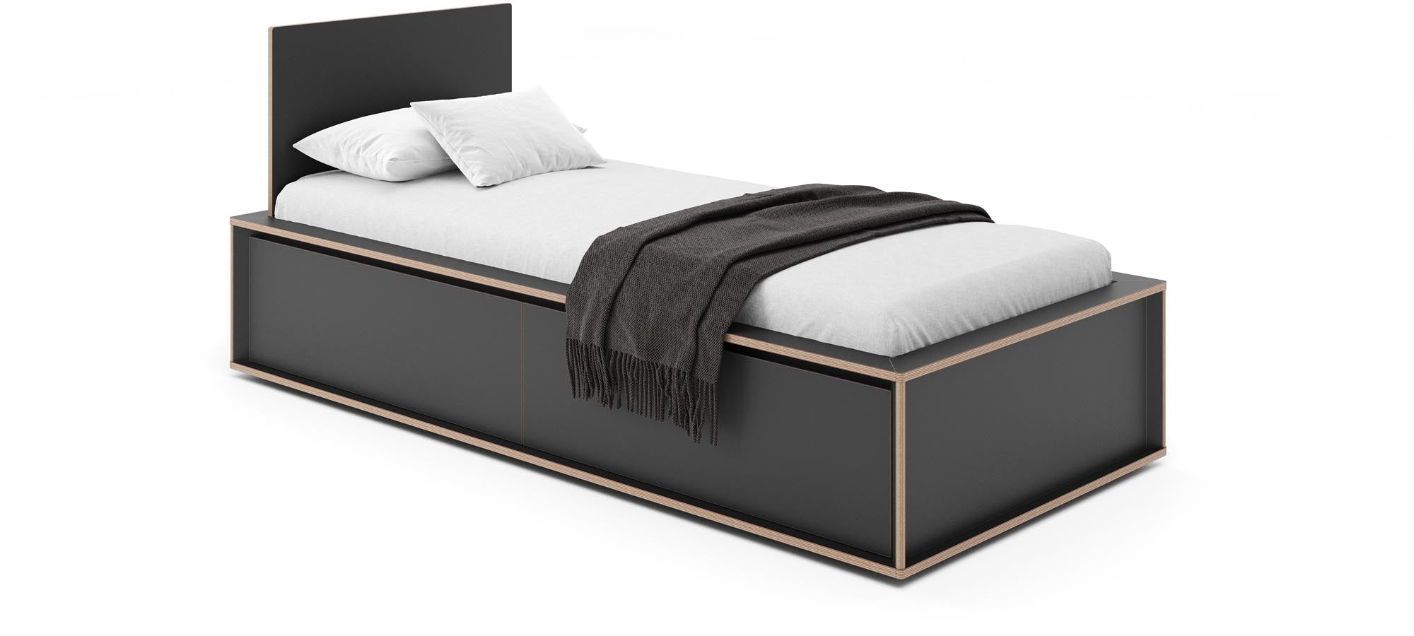Erlebe das SPAZE Bett von Müller Möbelwerkstätten: Stilvolles Design, funktionales Kopfteil und praktischer Schubkasten für optimalen Stauraum.