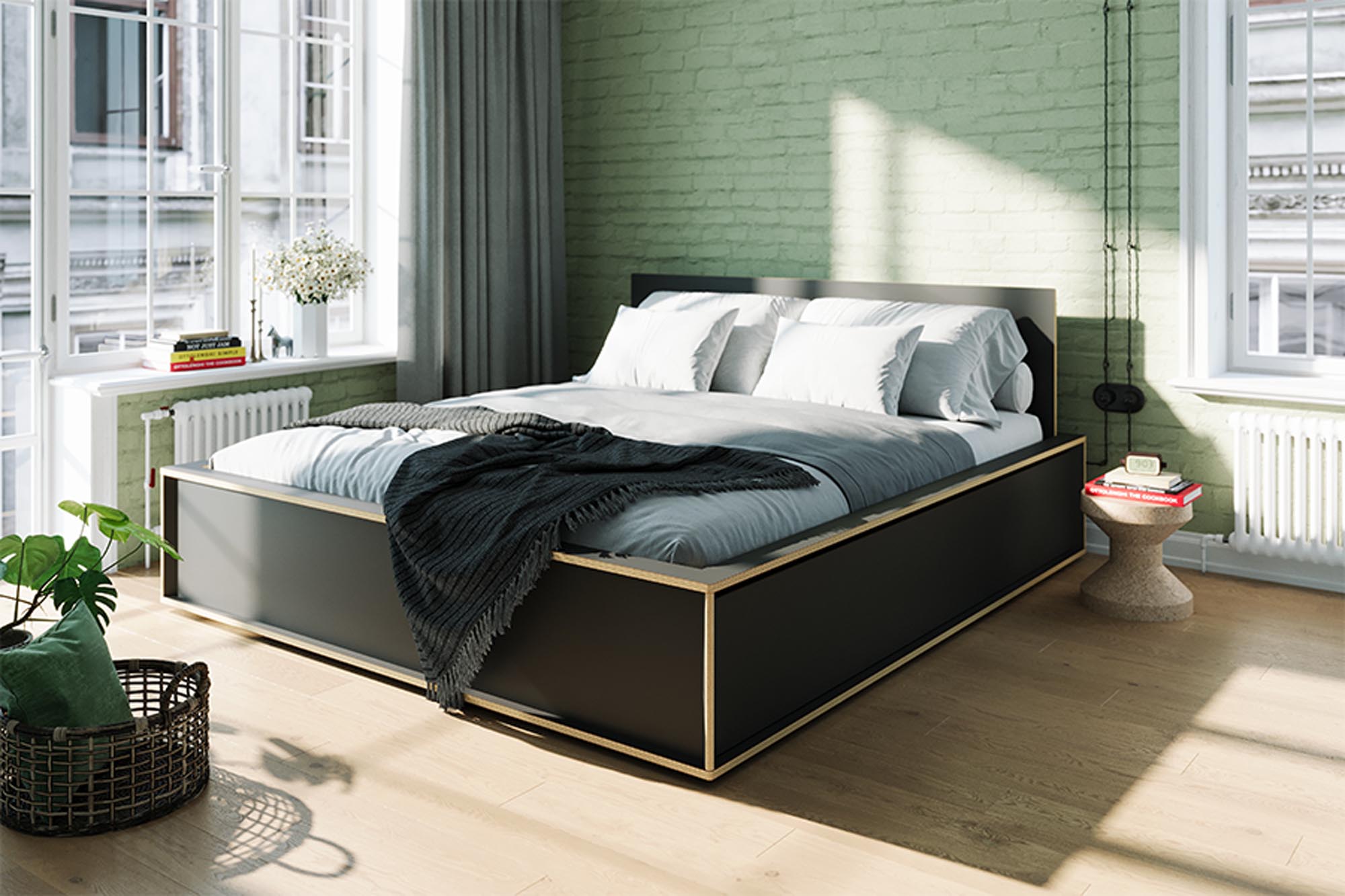Erleben Sie das stilvolle SPAZE Bett von Müller Möbelwerkstätten, das ein modernes Kopfteil und vier praktische Schubkästen für optimalen Stauraum bietet.