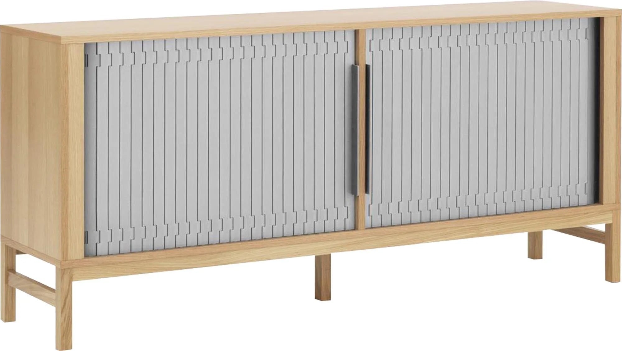 Das Jalousi Sideboard von Normann Copenhagen besticht durch minimalistische Formen, bunte Rolltüren und Eichenfurnier.