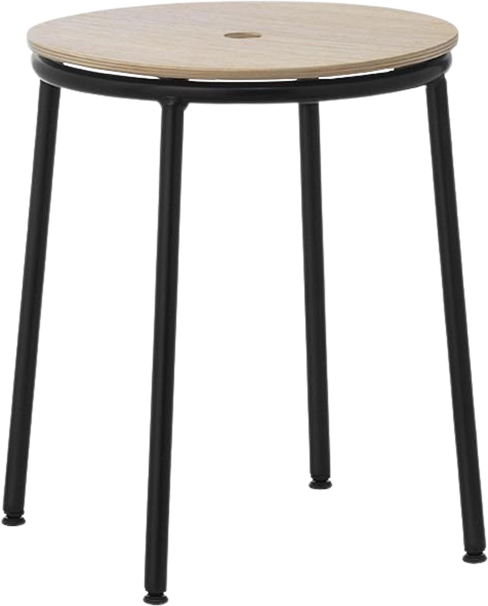 Minimalistischer Circa Hocker: Runde Sitzfläche, schwarzer Stahl, harmonisches Design für moderne Räume.