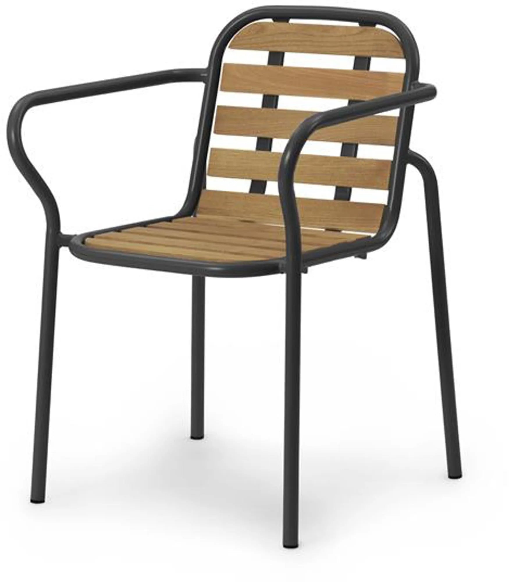 Der Vig Robinia Armlehnstuhl von Normann Copenhagen vereint stapelbares Design, robusten Stahl und wetterfestes Robinienholz.