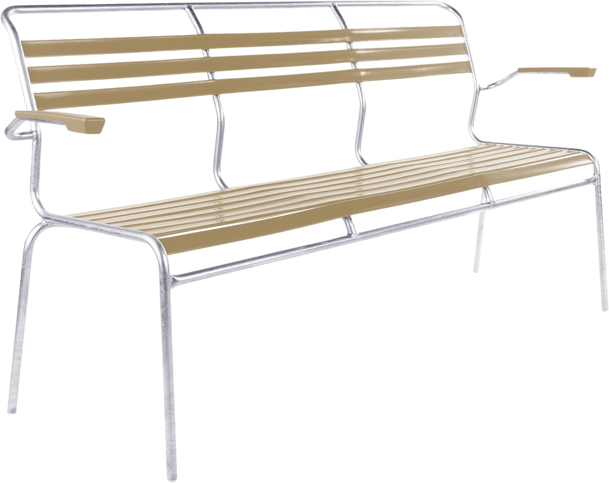 Elegante Säntis Lättli-3er Gartenbank mit Armlehnen, wetterfestes Schweizer Design, langlebig, umweltfreundlich und perfekt für Garten, Terrasse oder Balkon.