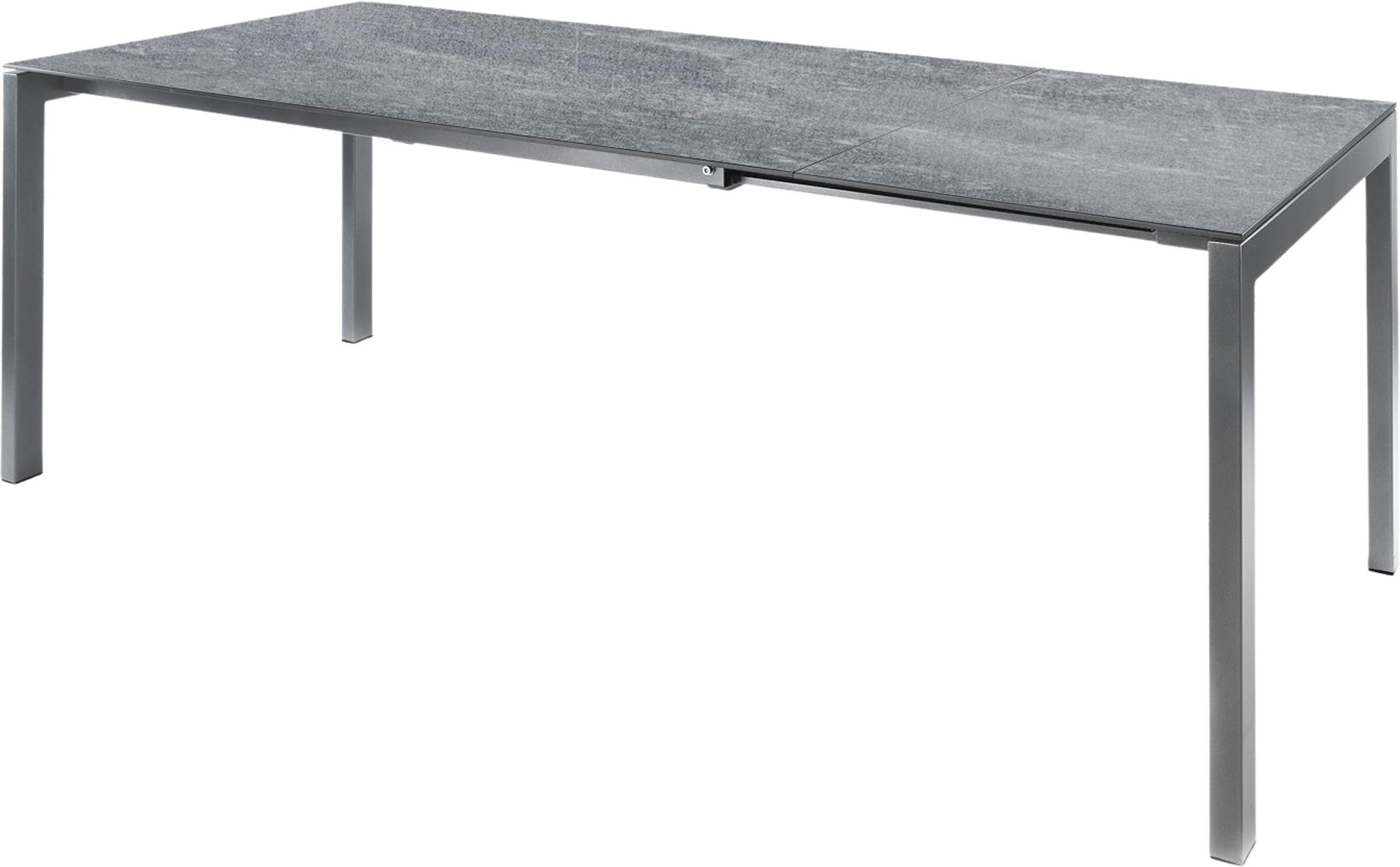 Luzern Glasfaser-Gartentisch 140/200x80 cm, ausziehbar, wetterfest, langlebig, elegantes Design, Schweizer Qualität, ideal für Garten, Balkon & Terrasse.