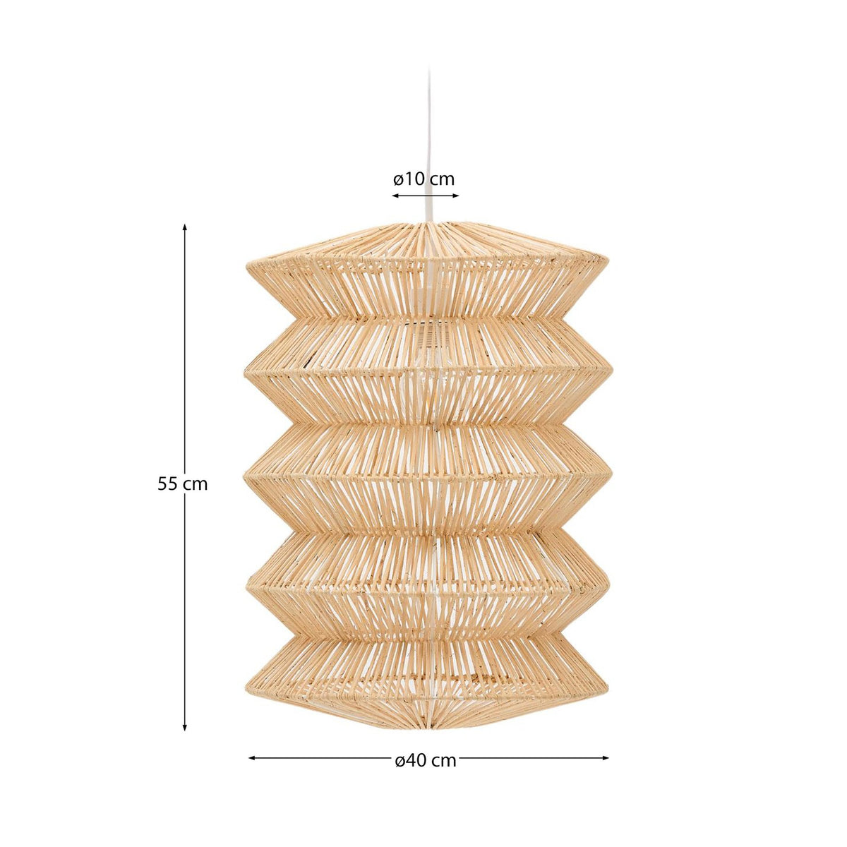 Lampenschirm für Deckenleuchte Dakit aus handgeflochtenem Rattan mit Eisengestell in Naturfarbe, rund geformt, Grösse 40 x 53 cm.