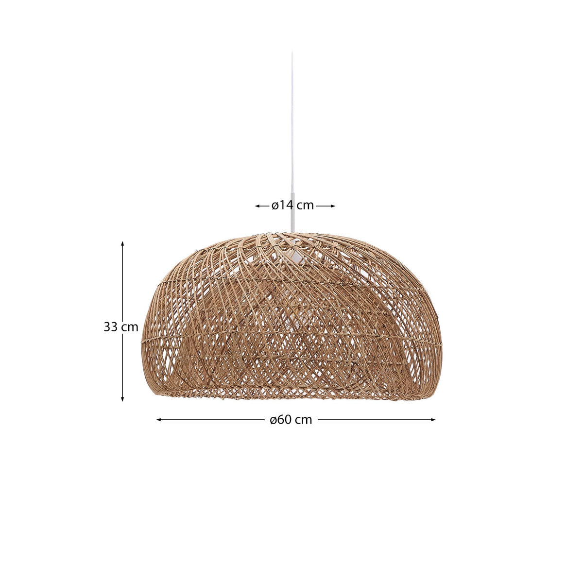 Runder Lampenschirm aus handgeflochtenem Rattan in natürlichem Farbton, Metallgestell im Inneren, Durchmesser 60 cm, Höhe 33 cm.