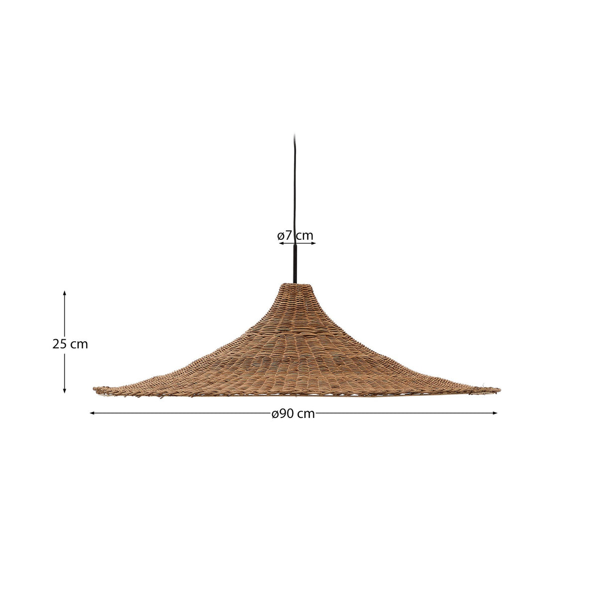 Runder Lampenschirm aus handgeflochtenem Rattan mit Eisengestell, natürlicher Farbton, Durchmesser 90 cm, Ansicht von unten.