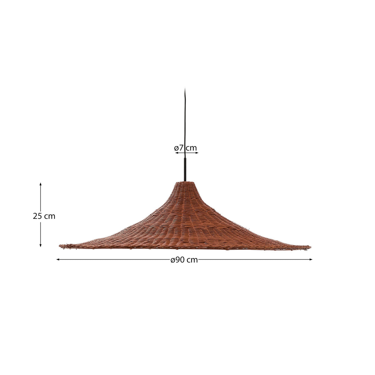 Runder Lampenschirm aus handgeflochtenem Rattan mit Metallrahmen, Terrakotta-Finish, Durchmesser 90 cm, für Deckenleuchte.