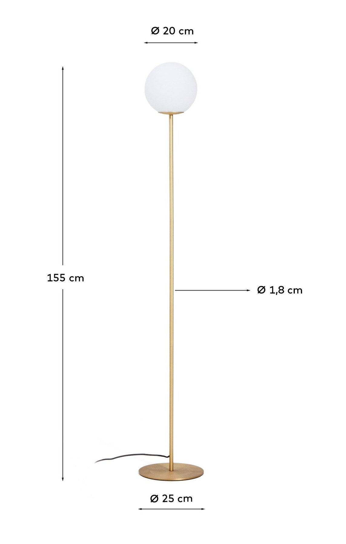 Stehlampe Brisia aus Metall mit gebürstetem Messing-Finish und einer mattierten Glaskugel Ø 20 cm in Gold, Weiss präsentiert im Onlineshop von KAQTU Design AG. Stehleuchte ist von Kave Home