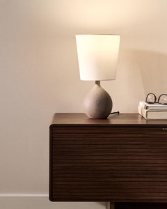 Small Viona table lamp in a structured stone look with a cotton lampshade
