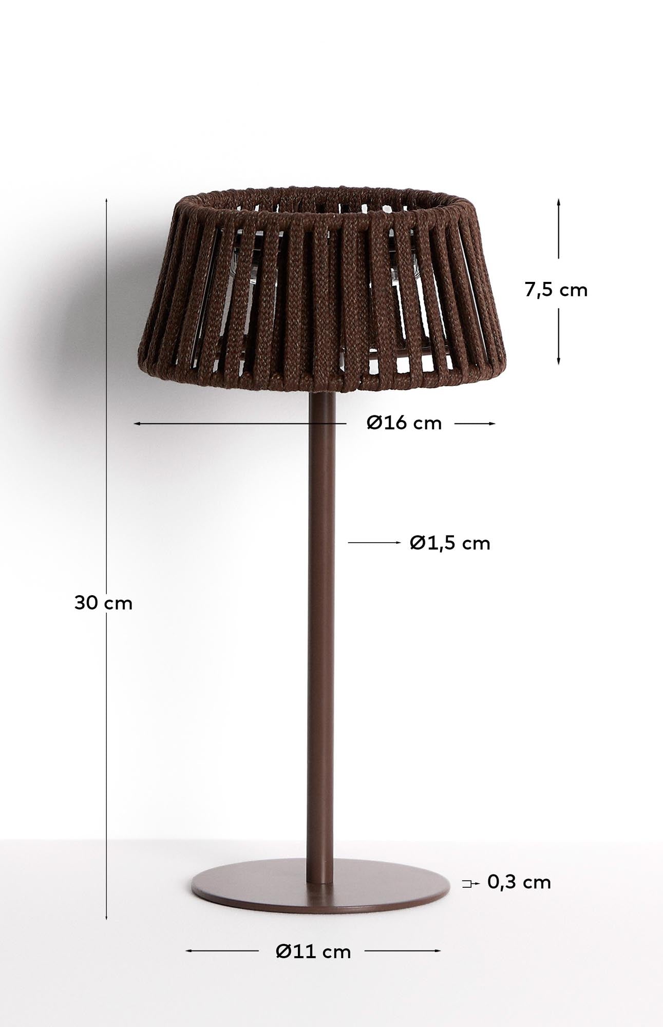 Stylische Outdoor-Solar-Tischlampe Aldet mit innovativem Seildesign und stabiler Metallbasis in Braun, ideal für gemütliche Abende im Freien.