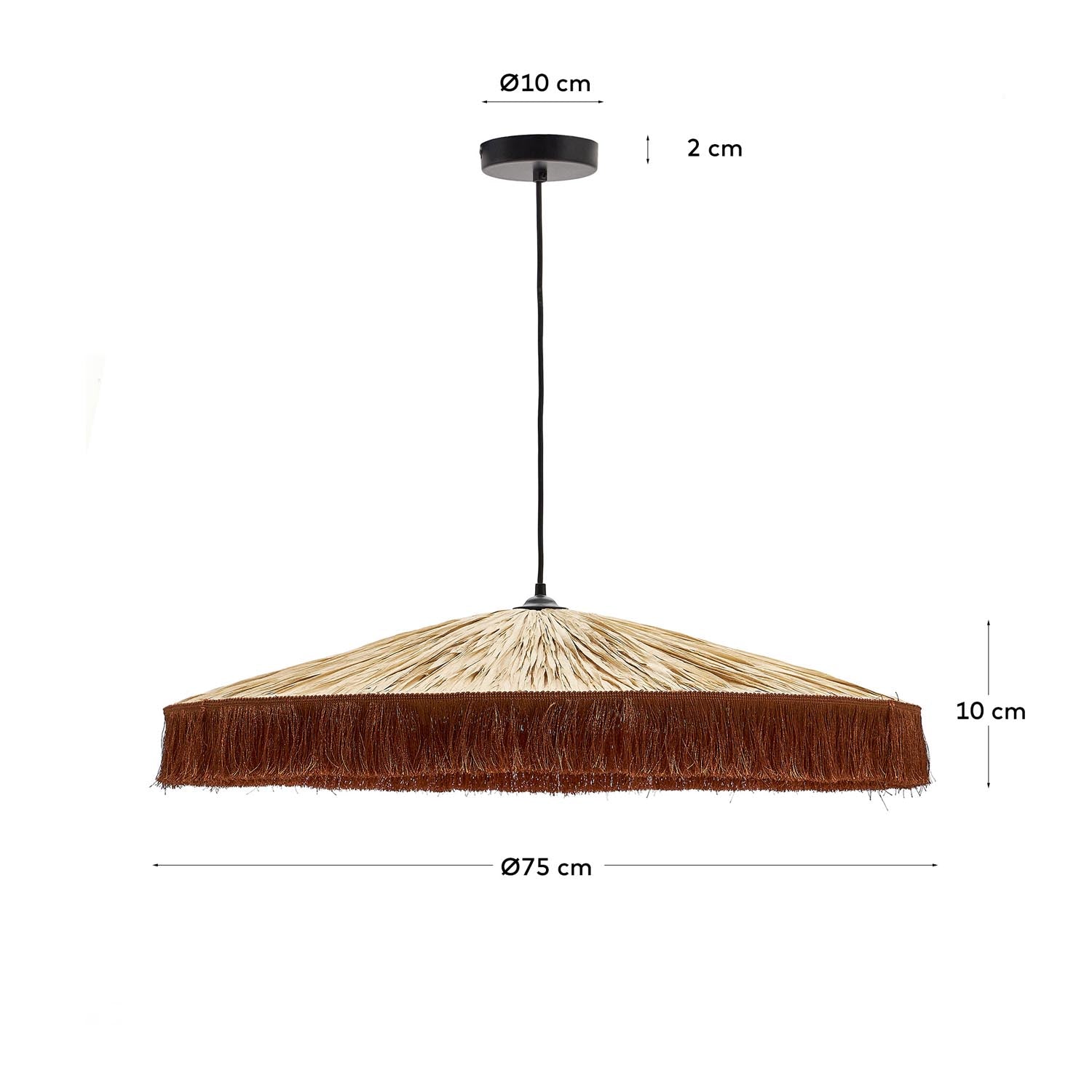 Pollensa Hängeleuchte: Stilvolle Pendelleuchte aus natürlichem Raffiabast in Terrakotta, Ø 75 cm, mit charmanten Fransen und stabiler Holzstruktur.