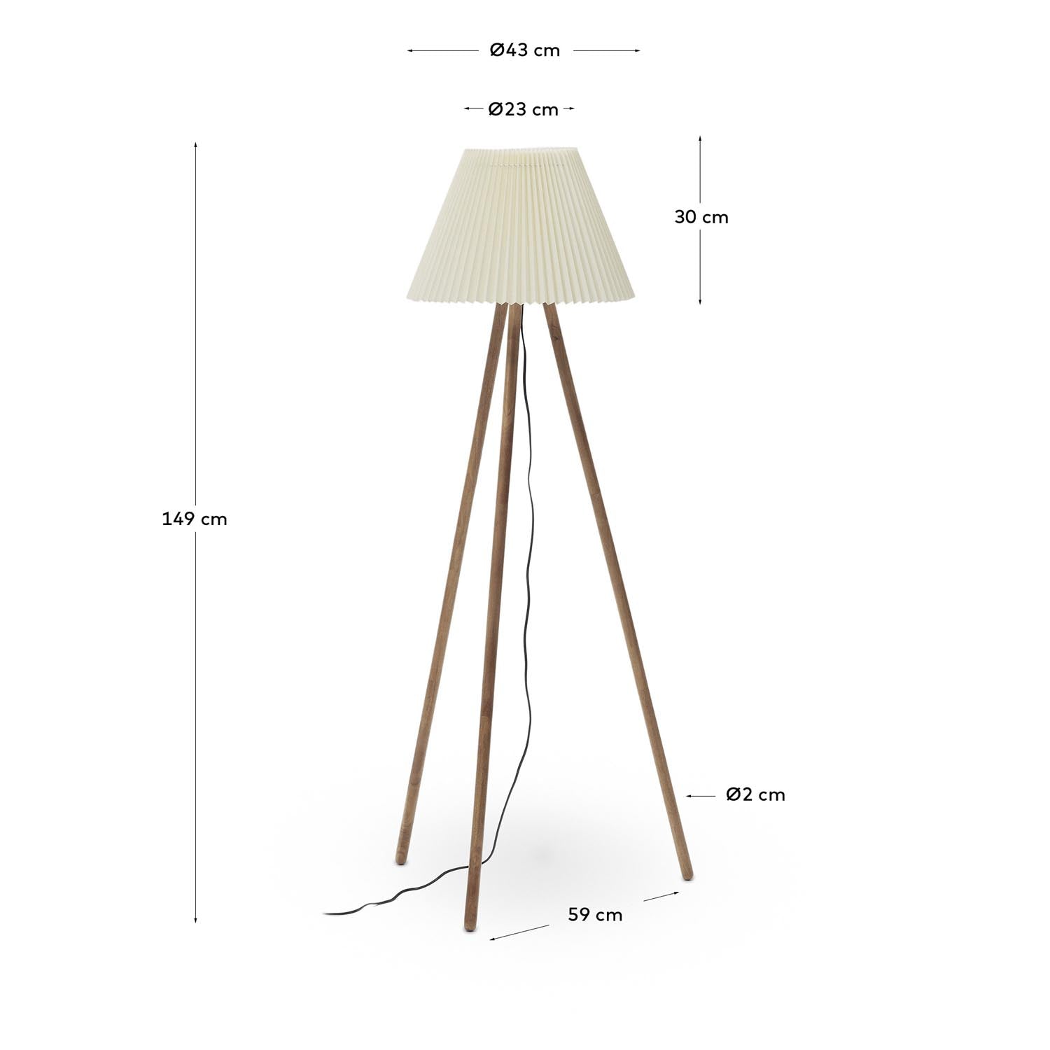 Benicarlo Stehlampe: Elegante Kombination aus Gummibaumholz und beigem Plisseeschirm für ein warmes, einladendes Ambiente.
