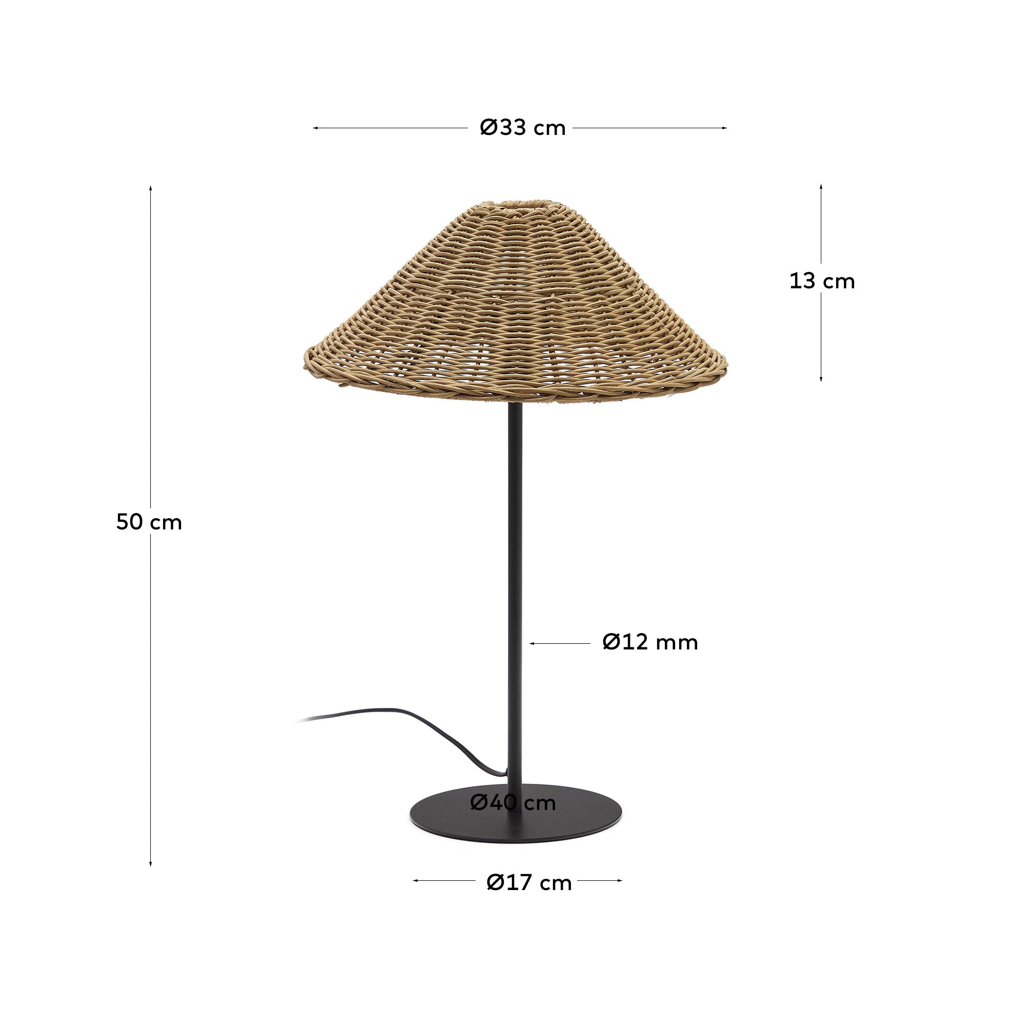 Urania Tischleuchte: Kunstvolle Kombination aus Rattan und schwarzem Metall. Ideal für stilvolle Akzente und gemütliche Atmosphäre in jedem Raum.