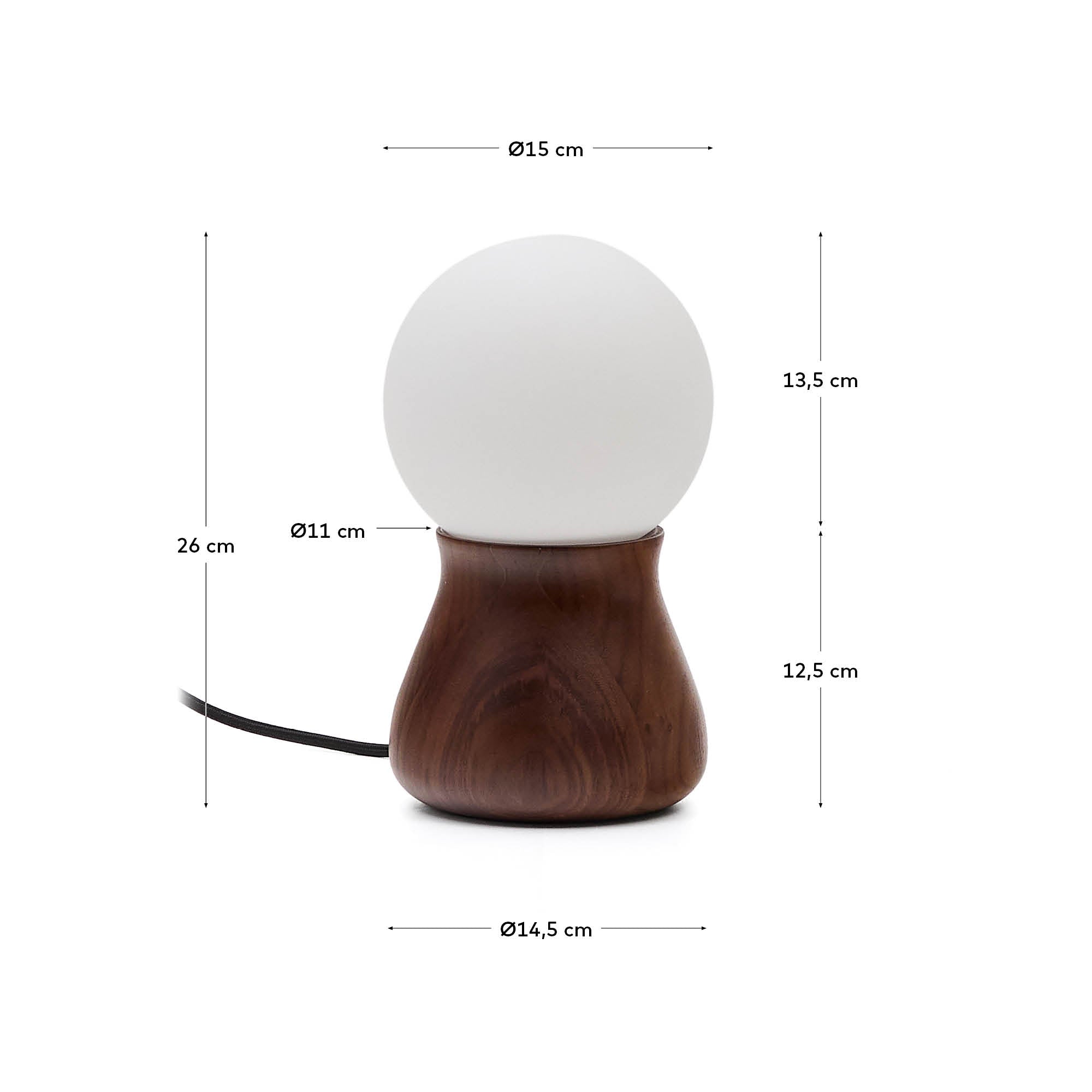 Elegante Tischleuchte Okeni aus hochwertigem Walnussholz und Glas, ideal für stimmungsvolle Beleuchtung und stilvolle Akzente in jedem Raum.