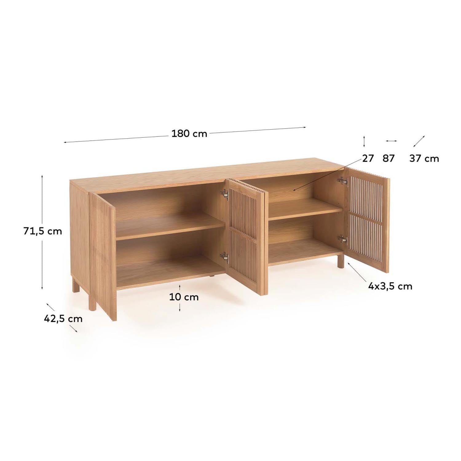 Elegantes 4-türiges Sideboard Beyla aus Eichenfurnier und Massivholz, 180 x 71,5 cm, umweltfreundlich und stilvoll für jedes Zuhause.