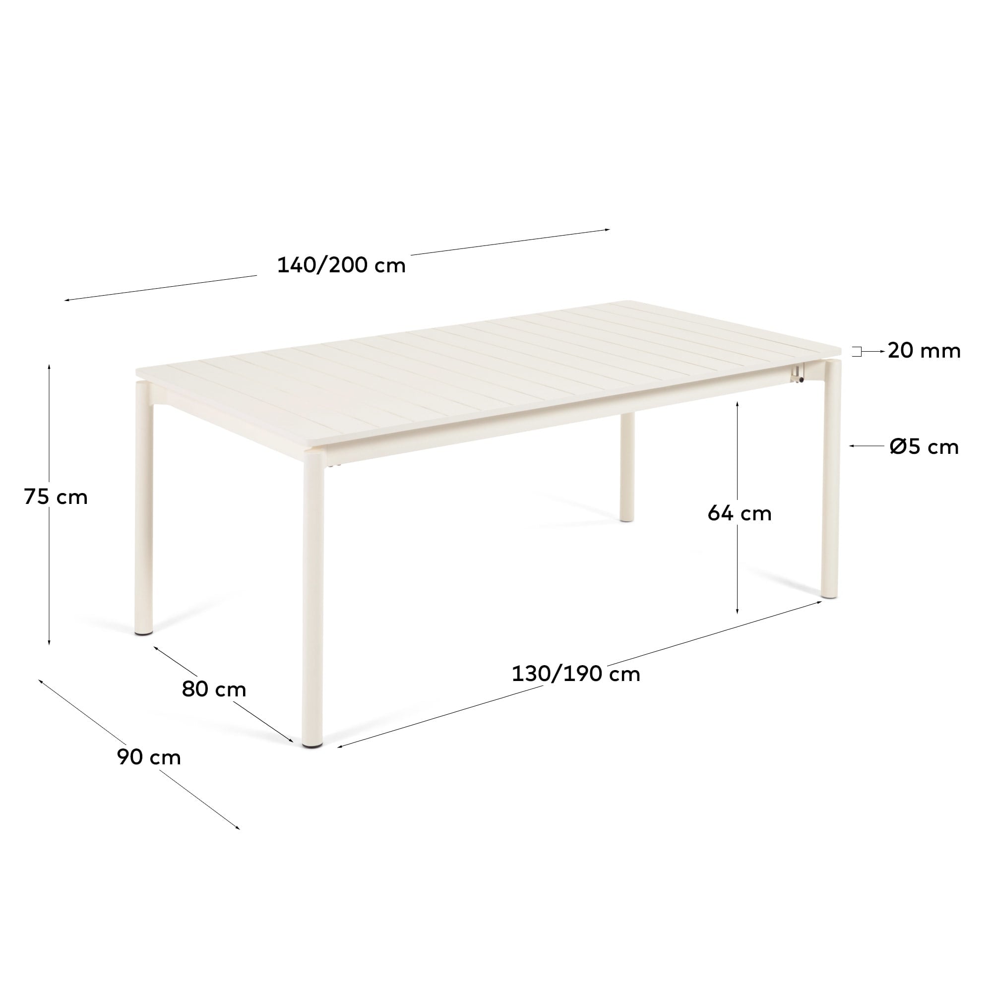 Zaltana Ausziehtisch aus Aluminium, naturfarben, 140-200 x 100 cm, robust und elegant, perfekt für den Außenbereich, von Kave Home.