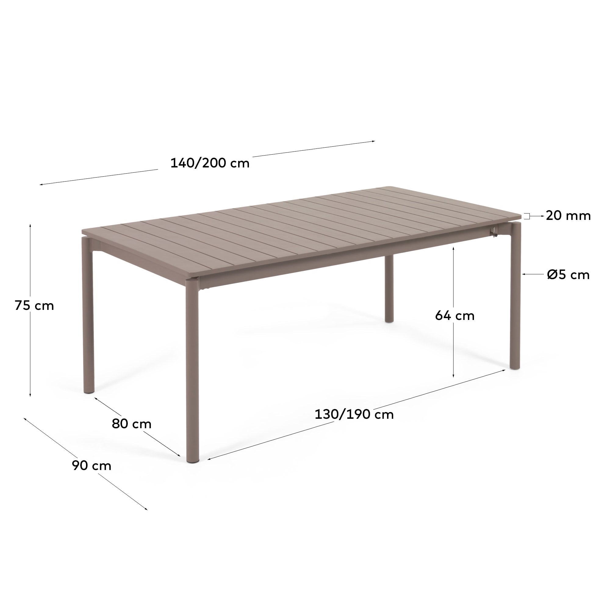 Der Zaltana Tisch von Kave Home: Eleganz und Funktionalität für Ihren Garten, ausziehbar von 140 auf 200 cm, mattbraunes Aluminium.