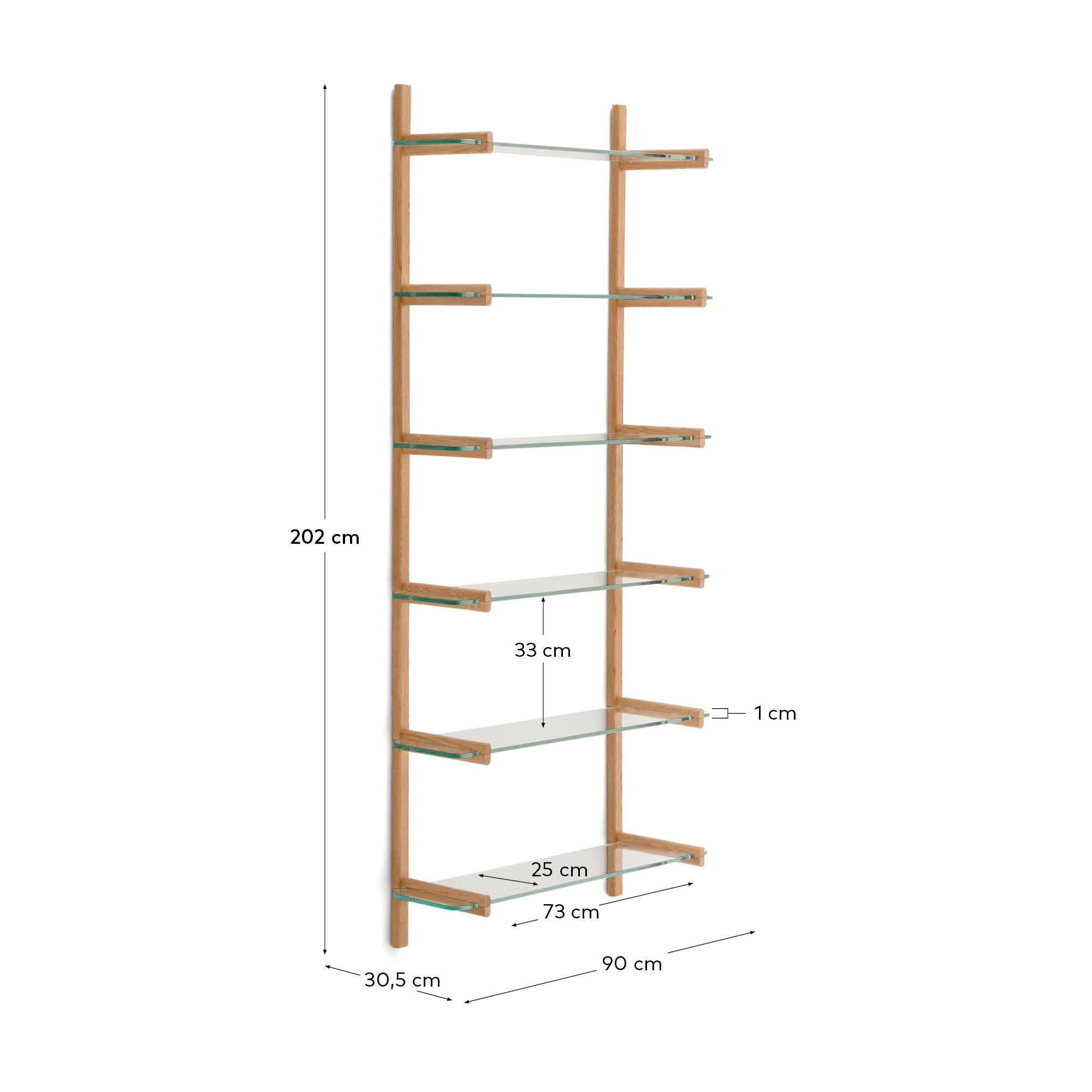 Elegantes Regal Sitra mit 6 Glasböden und Eichenholz, 90 cm breit, FSC-zertifiziert, ideal für stilvolle und nachhaltige Einrichtung.