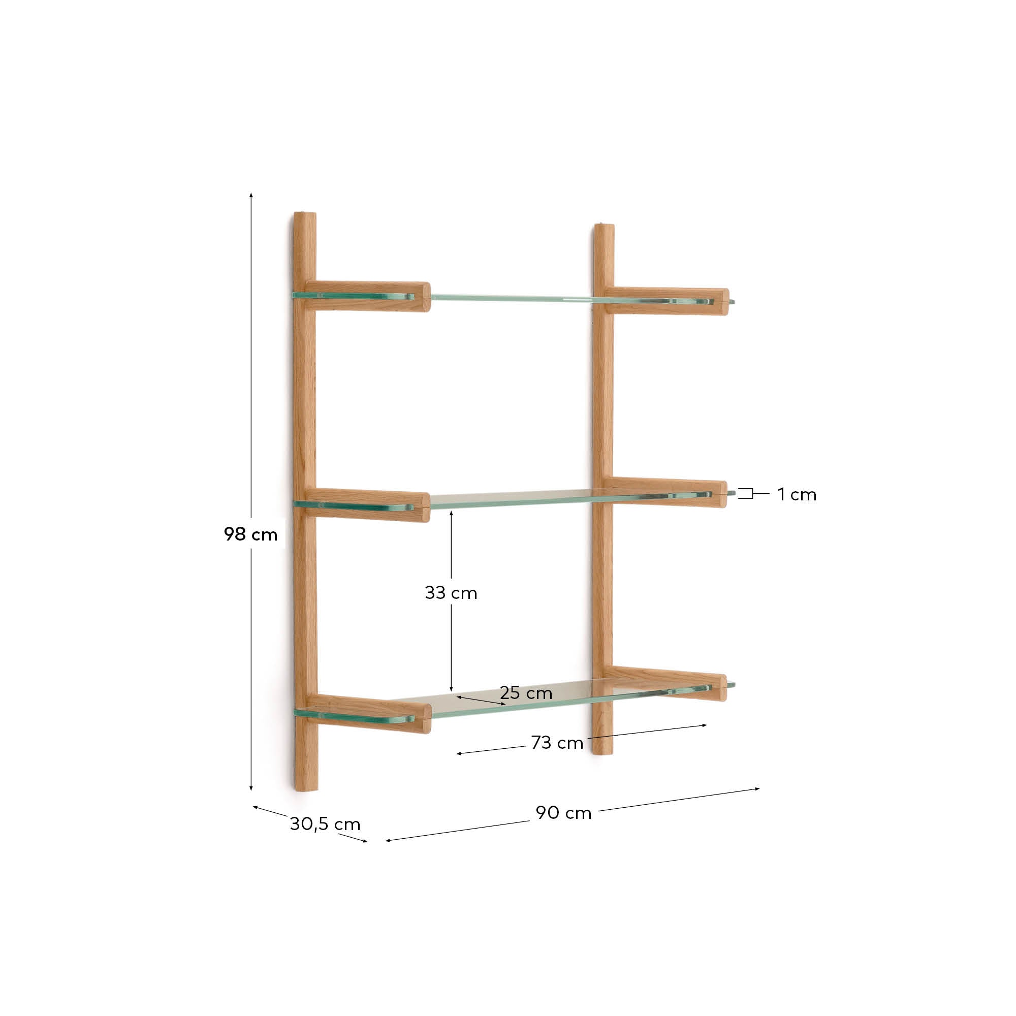 Elegantes Regal mit Glasböden und Eiche, flexibel und nachhaltig, ideal für stilvolle Präsentationen.