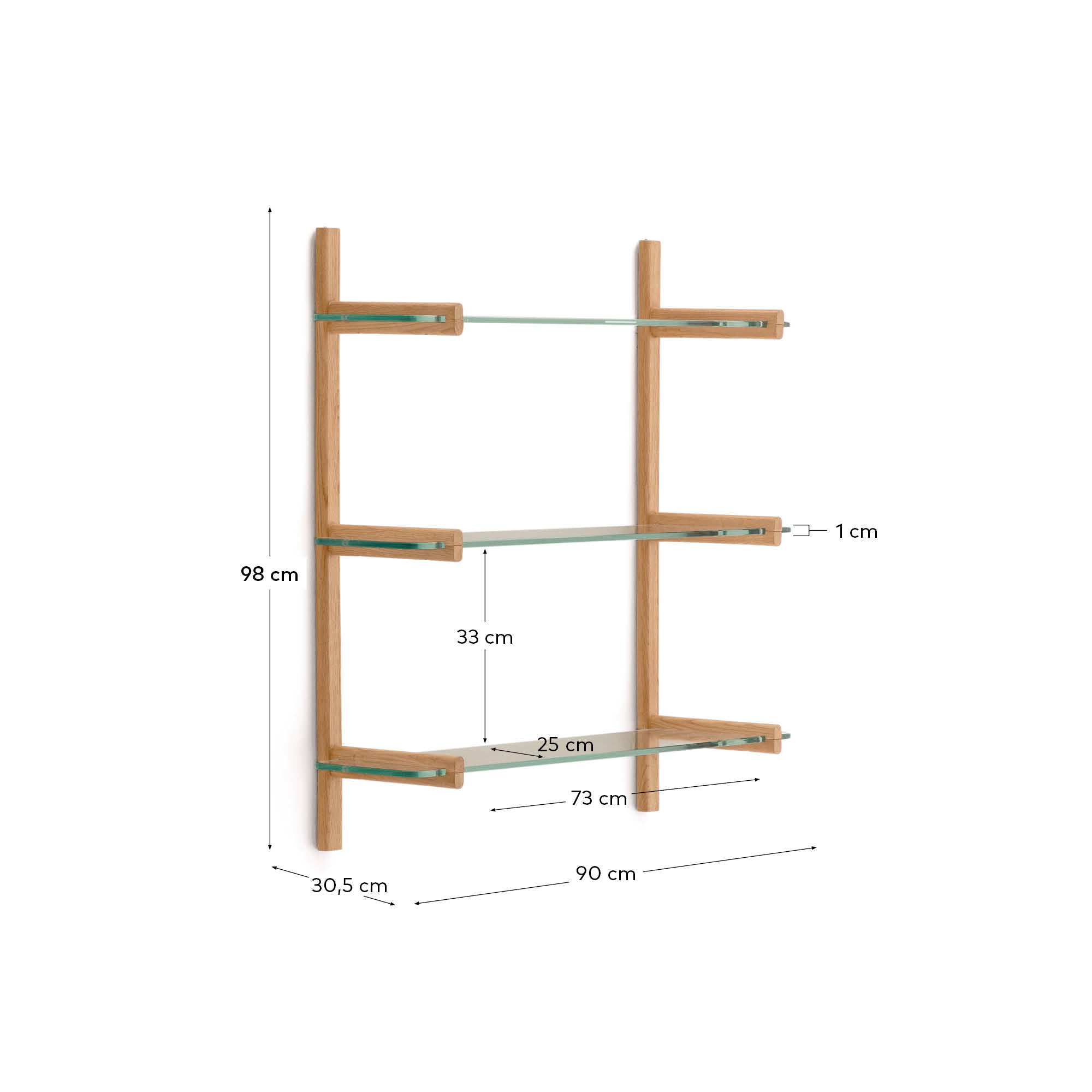 Modulares Regal Sitra mit 3 Glasböden und Eichenholz, 90 cm breit, FSC-zertifiziert, stilvoll und nachhaltig von Kave Home.