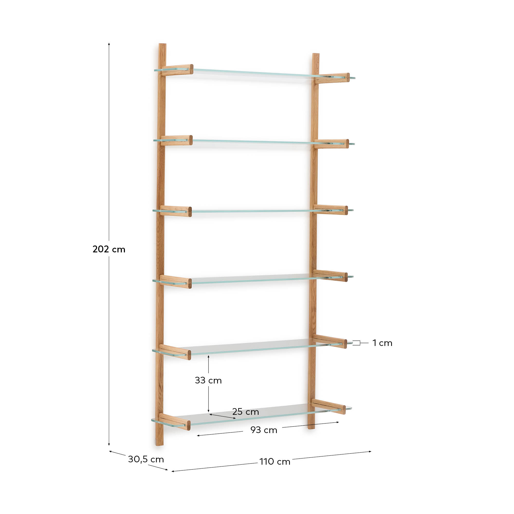 Elegantes Regal Sitra mit 6 Glasböden und Eichenholz, 110 cm breit, FSC-zertifiziert, modular und umweltfreundlich.