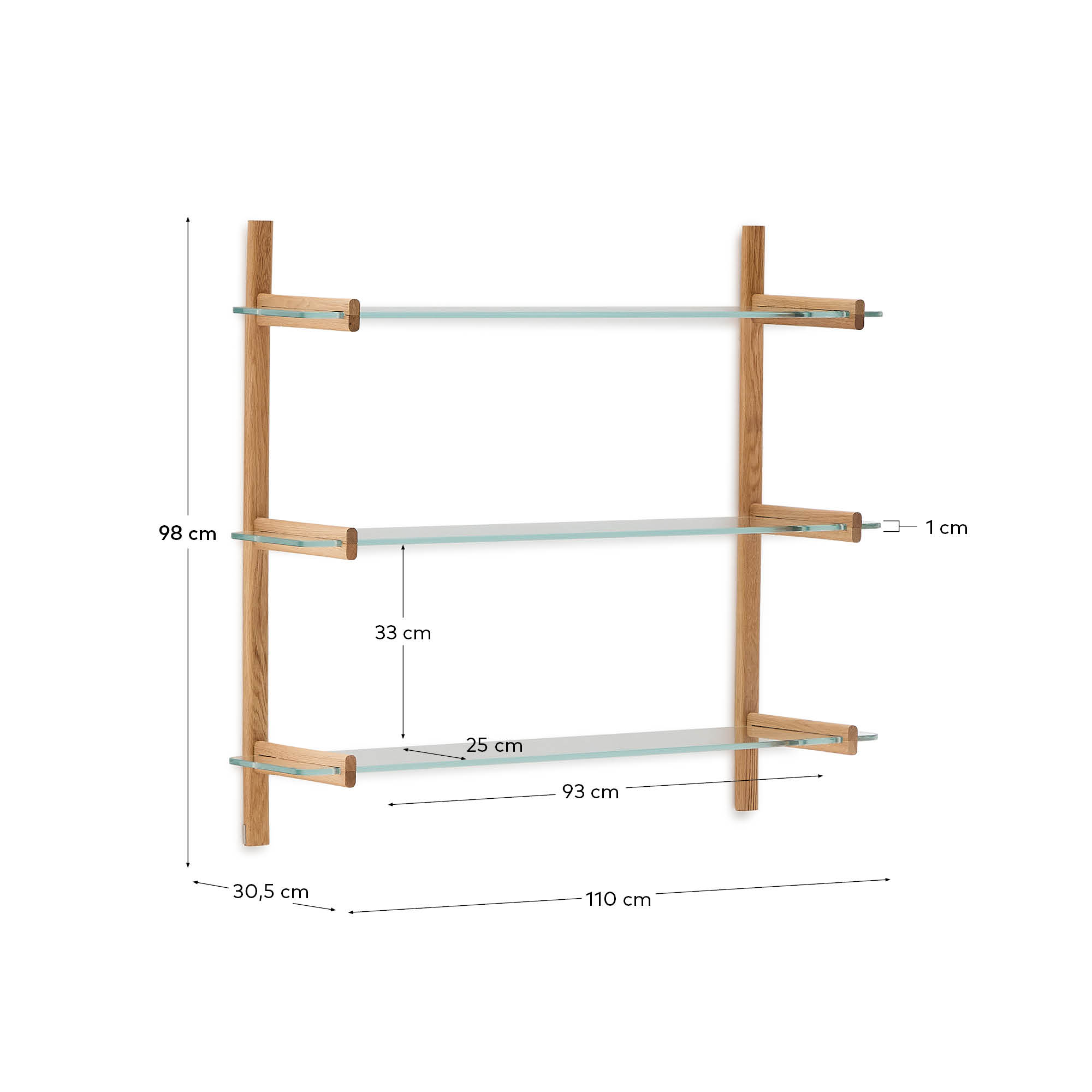 Elegantes Regal aus Glas und Eiche, 110 cm breit, flexibel und nachhaltig, ideal für stilvolle Aufbewahrung.