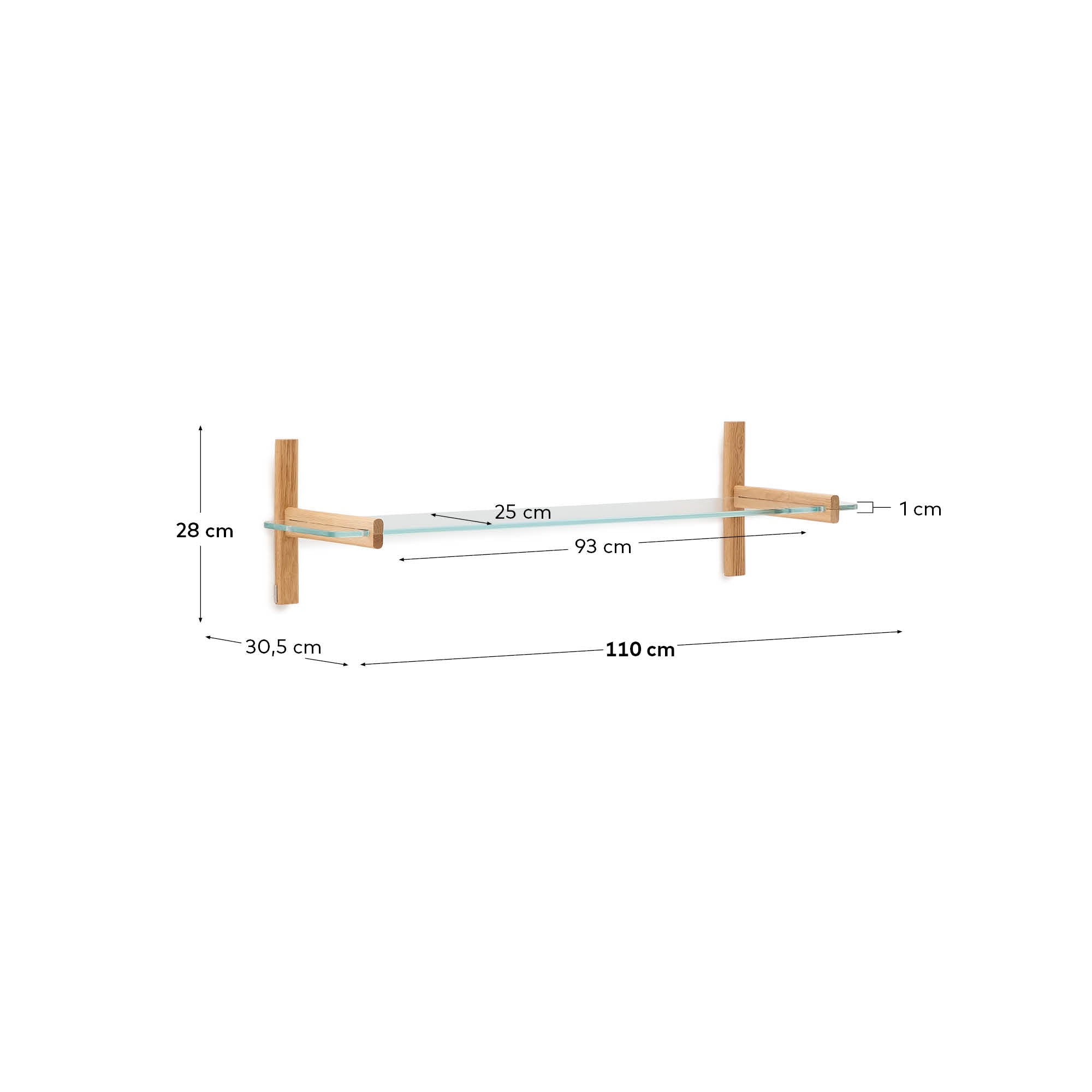 Entdecken Sie das Sitra Regal von Kave Home: Ein elegantes, modulares Regalbrett aus Glas und nachhaltigem Eichenholz, 110 cm, für stilvolle Wohnräume.