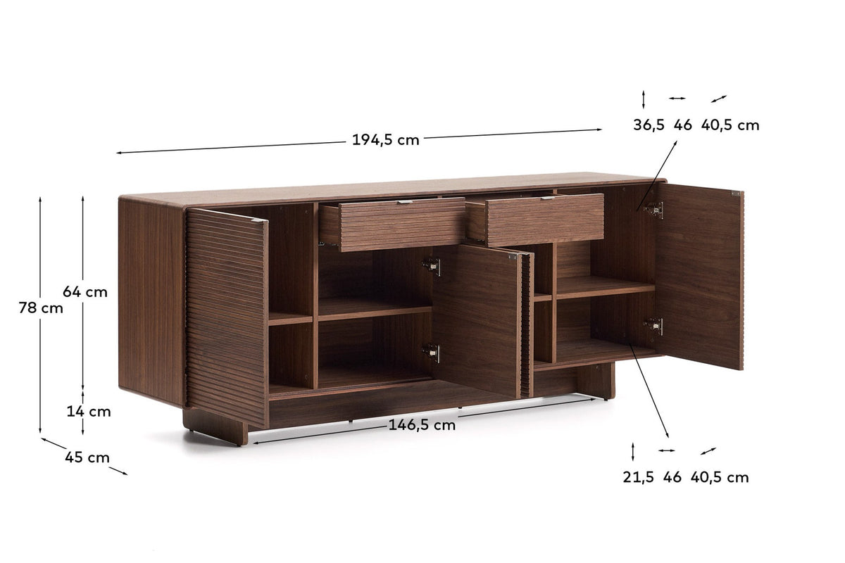 Highboard Norlen mit 4 Türen und 2 Schubladen aus Nussbaumfurnier FSC Mix Credit 194,5 x 78 cm in Dunkelbraun präsentiert im Onlineshop von KAQTU Design AG. Sideboard ist von Kave Home