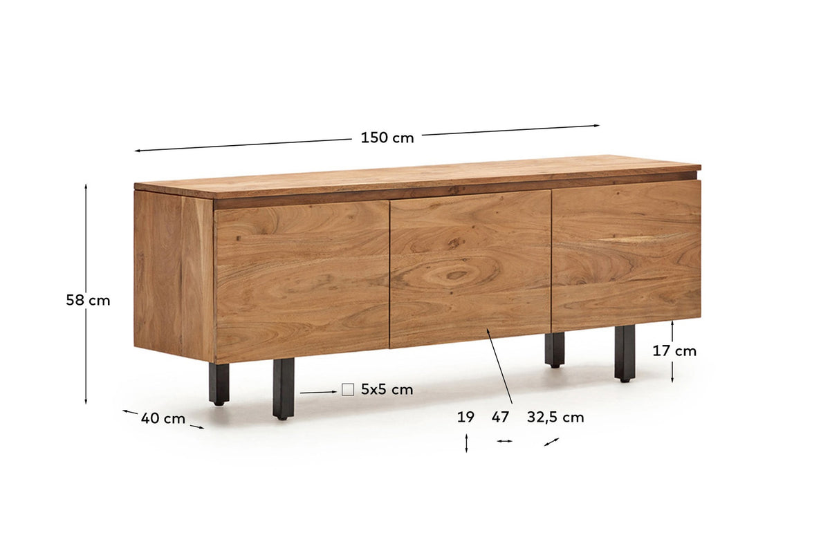3-türiges TV-Möbel Uxue aus massivem Akazienholz mit gebleichtem Finish 150 x 58 cm in Beige präsentiert im Onlineshop von KAQTU Design AG. TV-Möbel ist von Kave Home