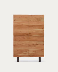 4-türiges Highboard Uxue aus massivem Akazienholz mit gebleichtem Finish und schwarzem Stahl 100 x 155 cm