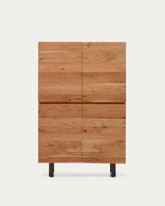 4-türiges Highboard Uxue aus massivem Akazienholz mit gebleichtem Finish und schwarzem Stahl 100 x 155 cm
