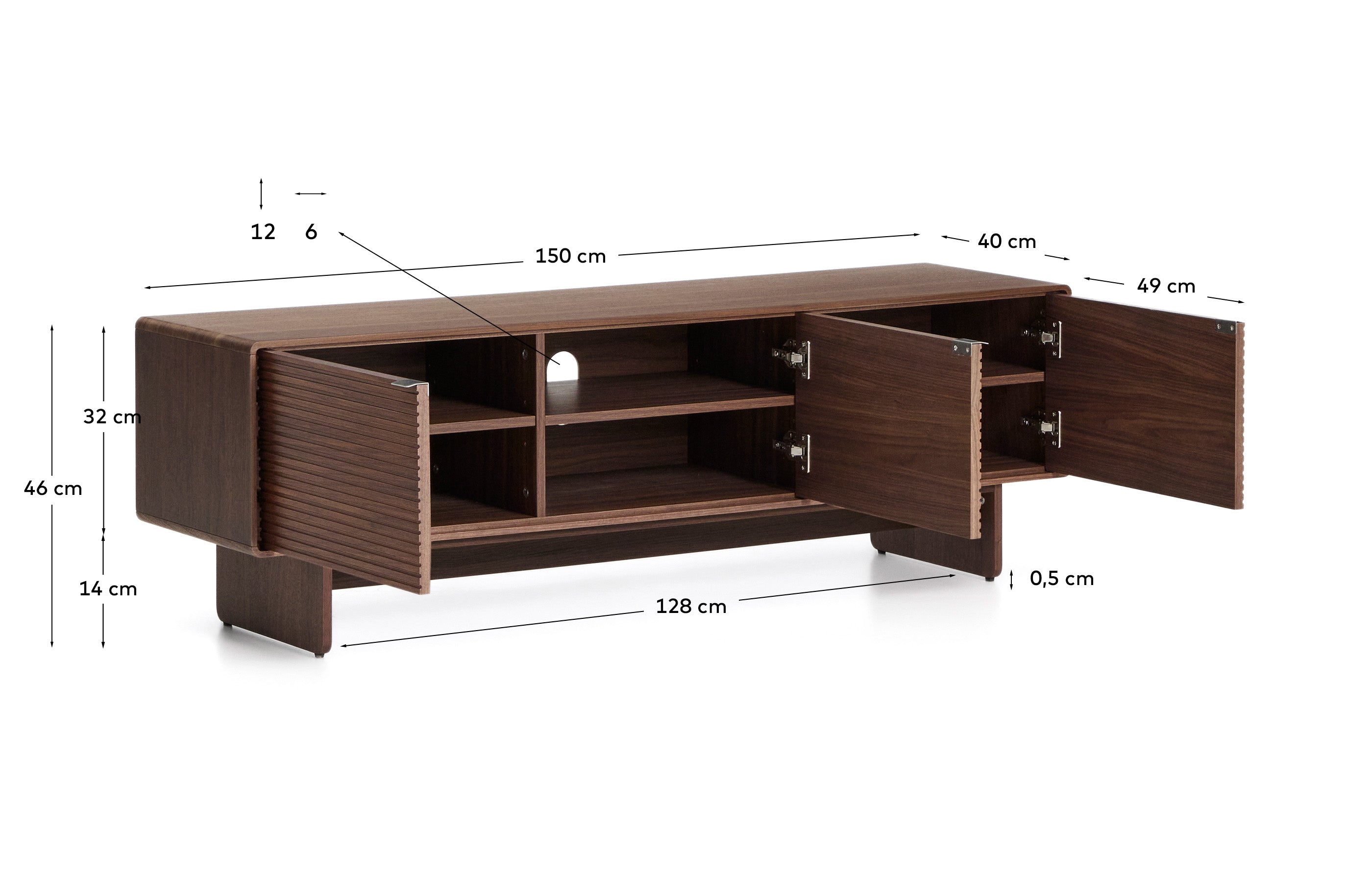 Elegantes TV-Möbel Norlen in Nussbaumfurnier, ausgestattet mit 3 Türen, ideal für eine stilvolle Wohnraumgestaltung, Maße: 150 x 40 cm.