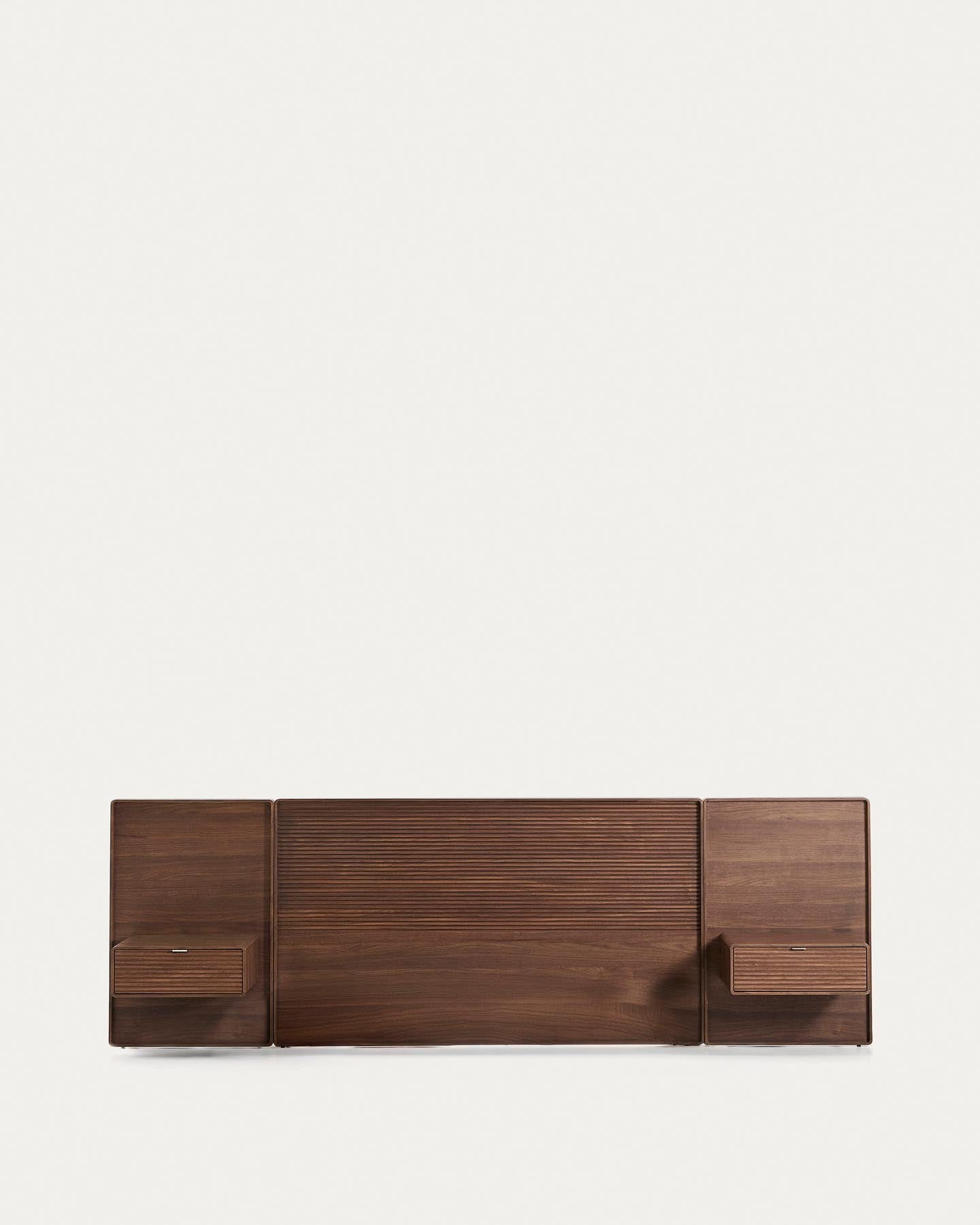 Bettkopfteil Norlen mit zwei Nachttischen aus Nussbaumfurnier mit dunklem Finish und LED-Licht für Betten bis 160 cm, FSC Mix Credit in Dunkelbraun präsentiert im Onlineshop von KAQTU Design AG. Kopfteile ist von Kave Home
